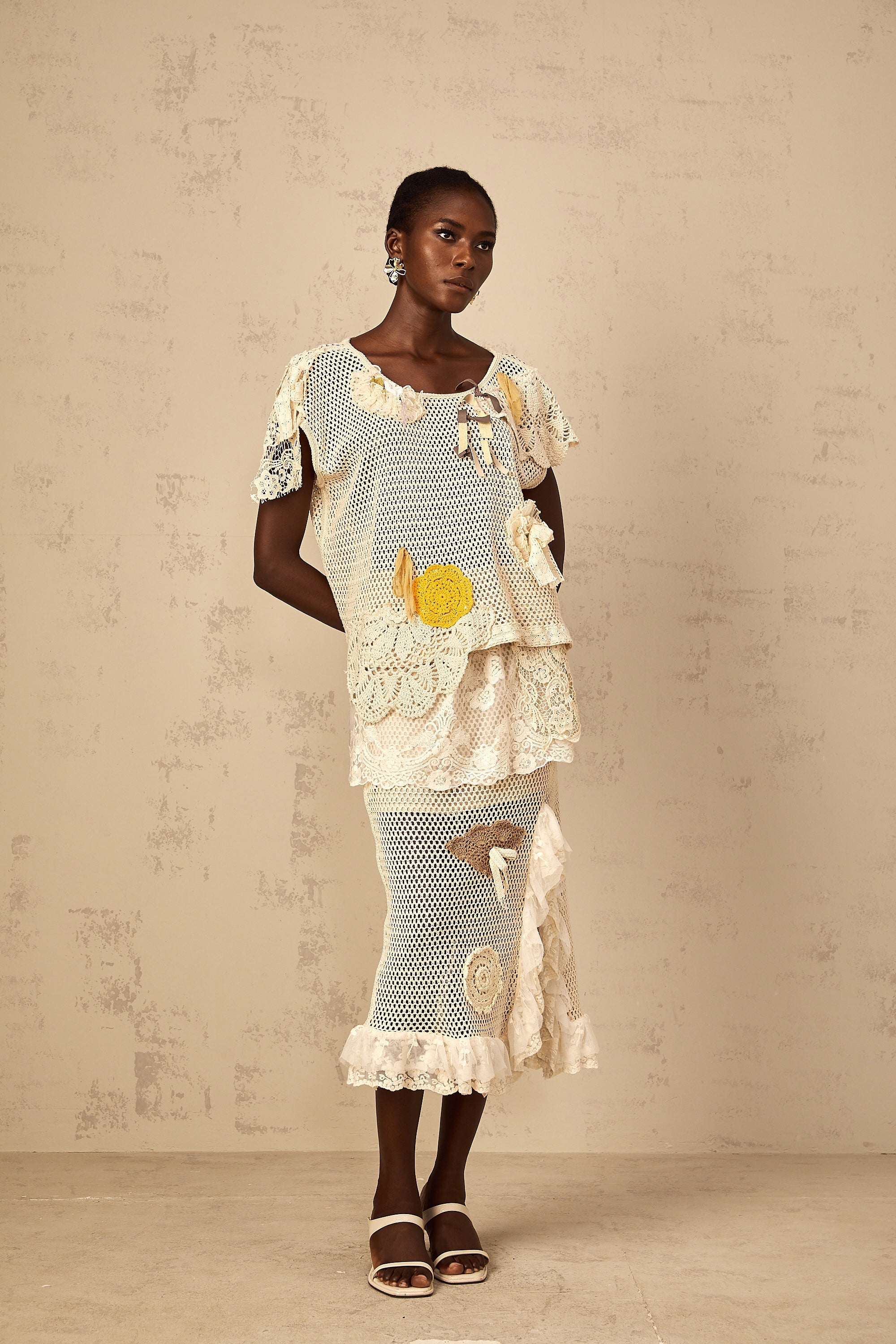 Léa lace-panel crochet-knit midi skirt