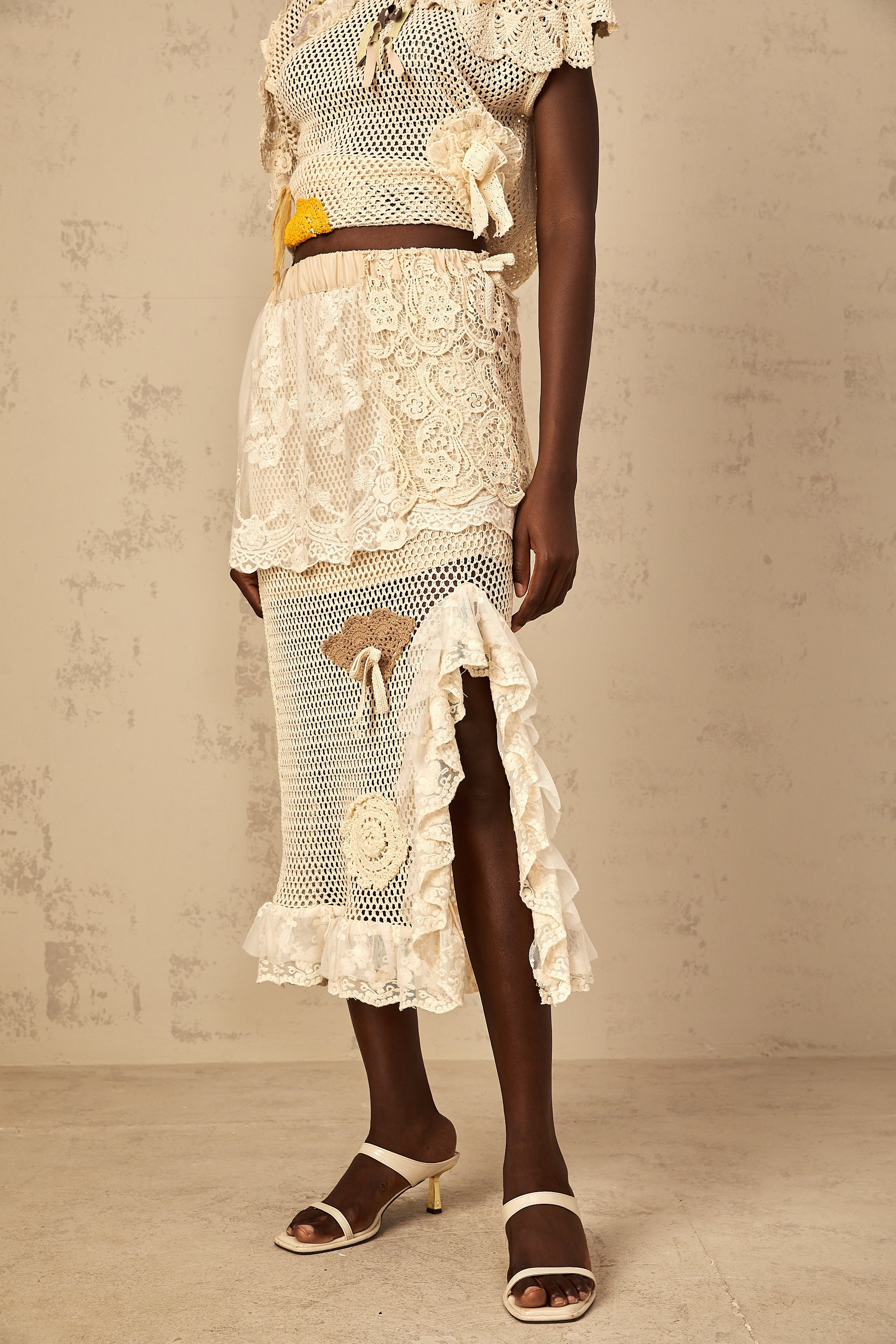 Léa lace-panel crochet-knit midi skirt