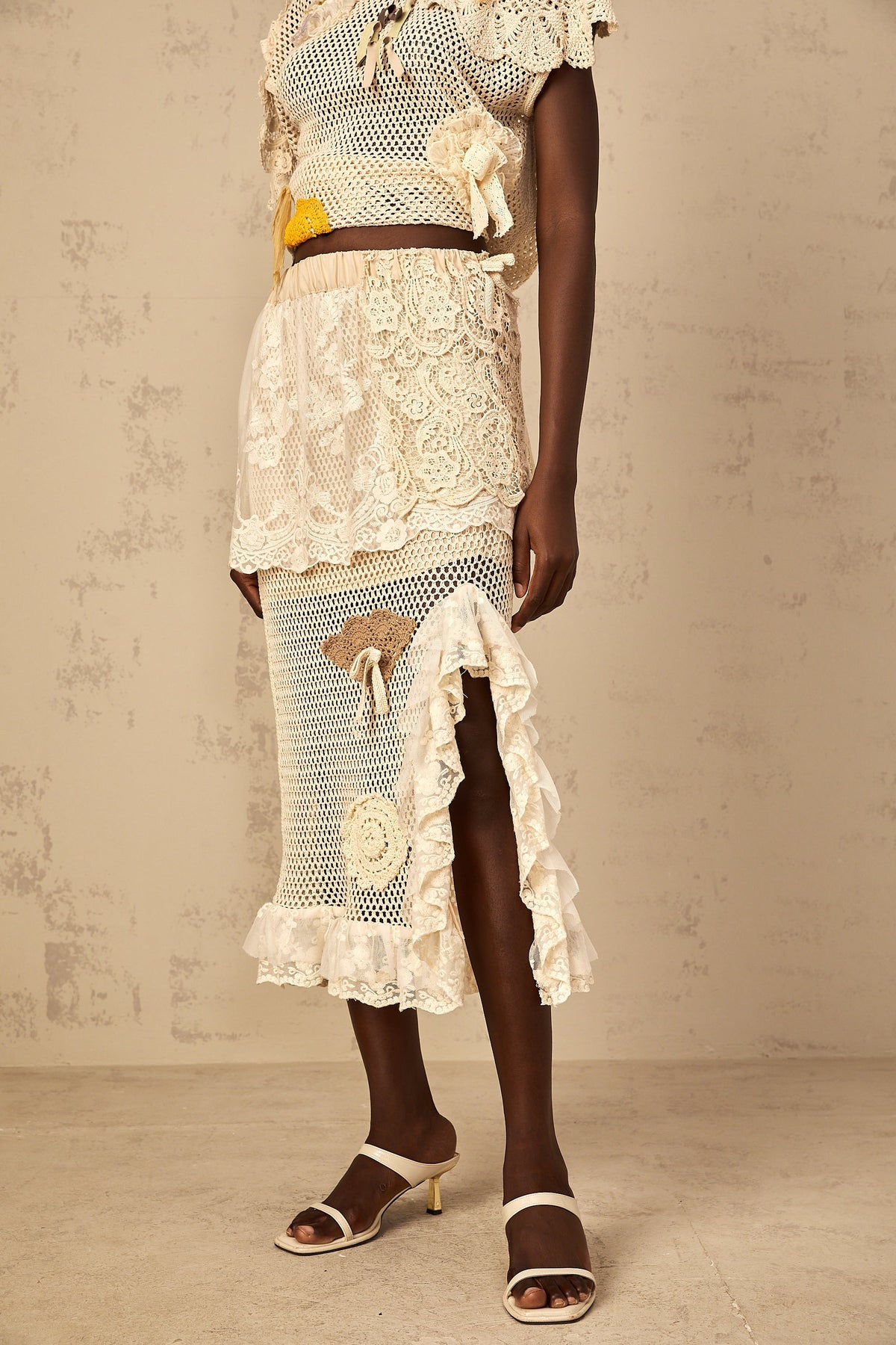 Léa lace-panel crochet-knit midi skirt