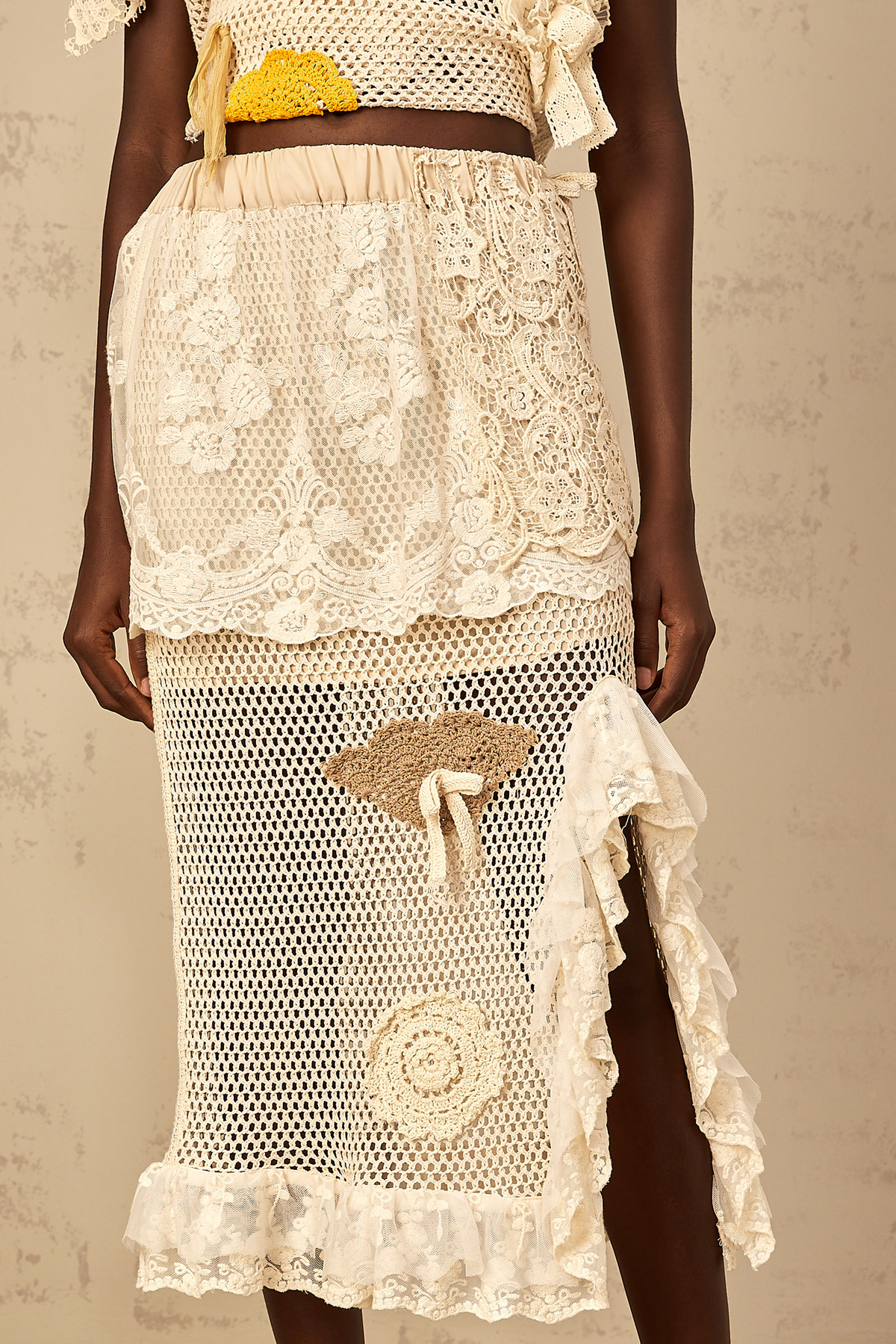 Léa lace-panel crochet-knit midi skirt