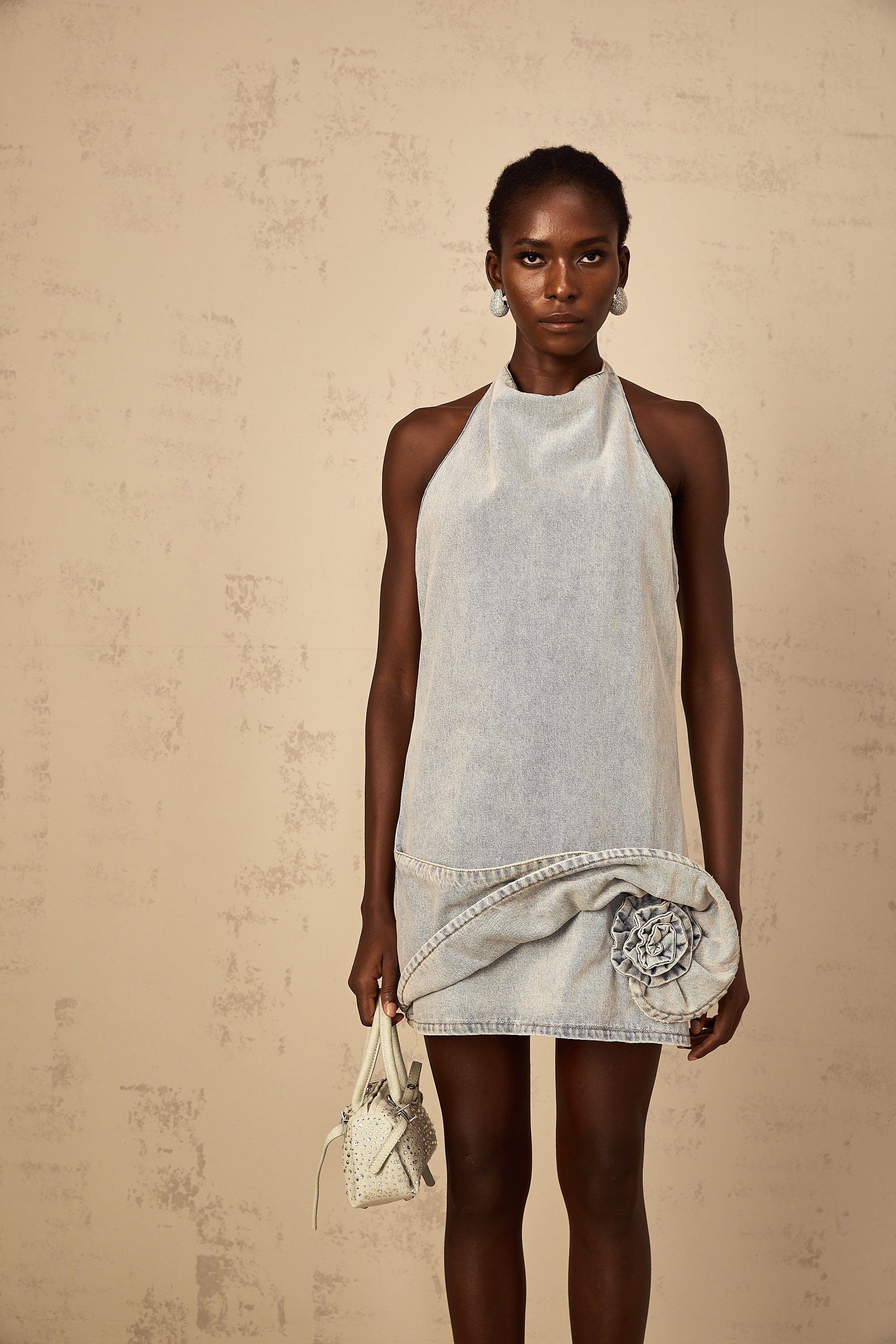 Hyacinthe light-blue halterneck denim mini dress