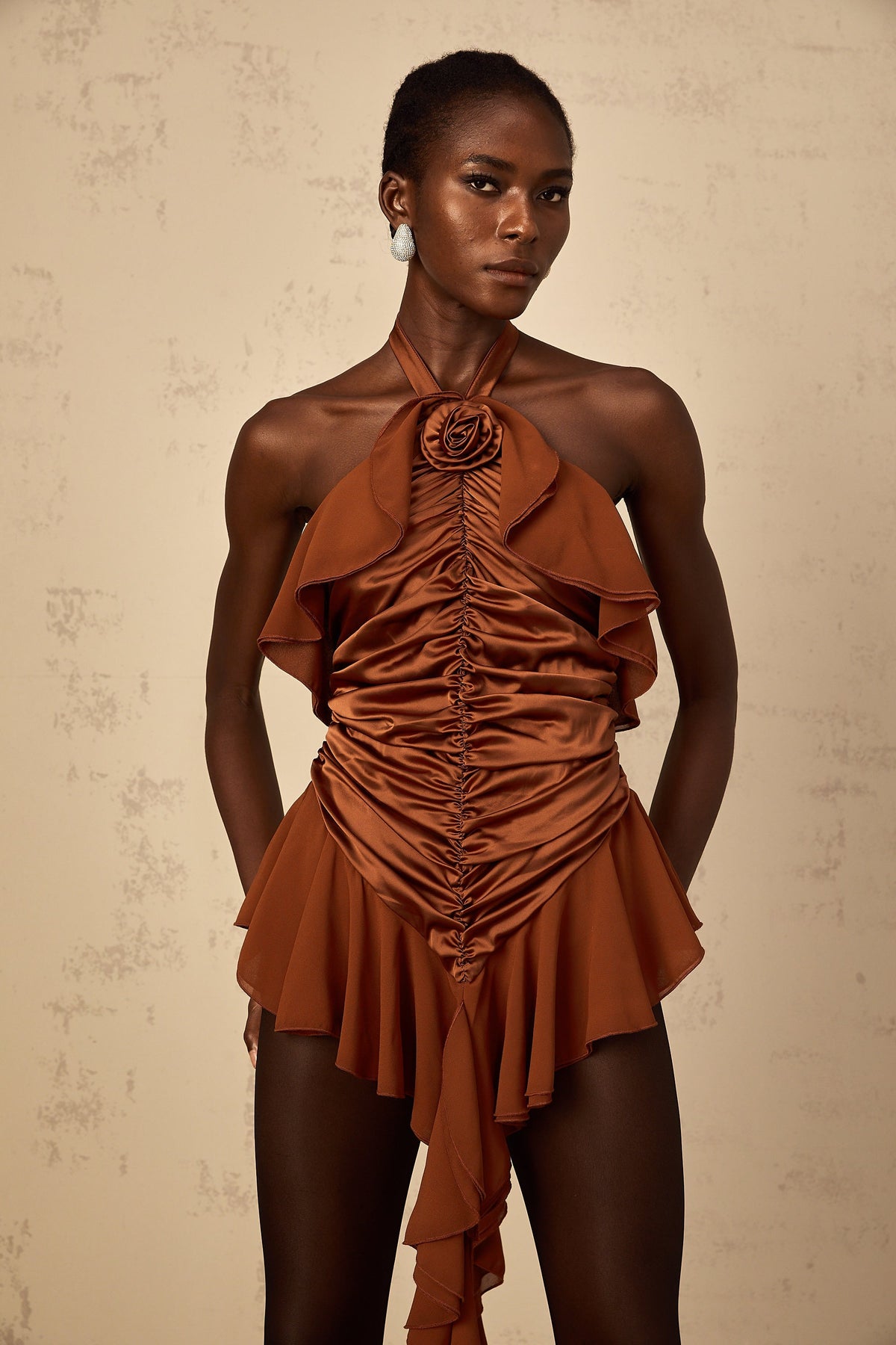 Léonie brown floral-appliqué ruched mini dress