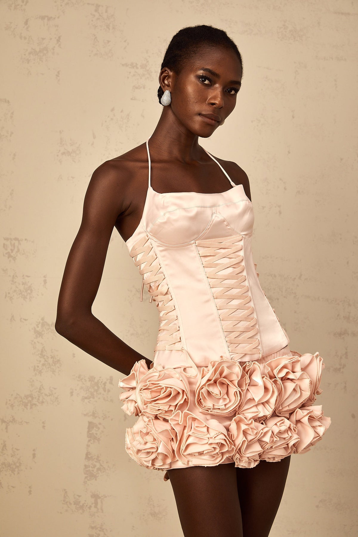 Jeanne pink faux-flower lace-up top & skirt matching set