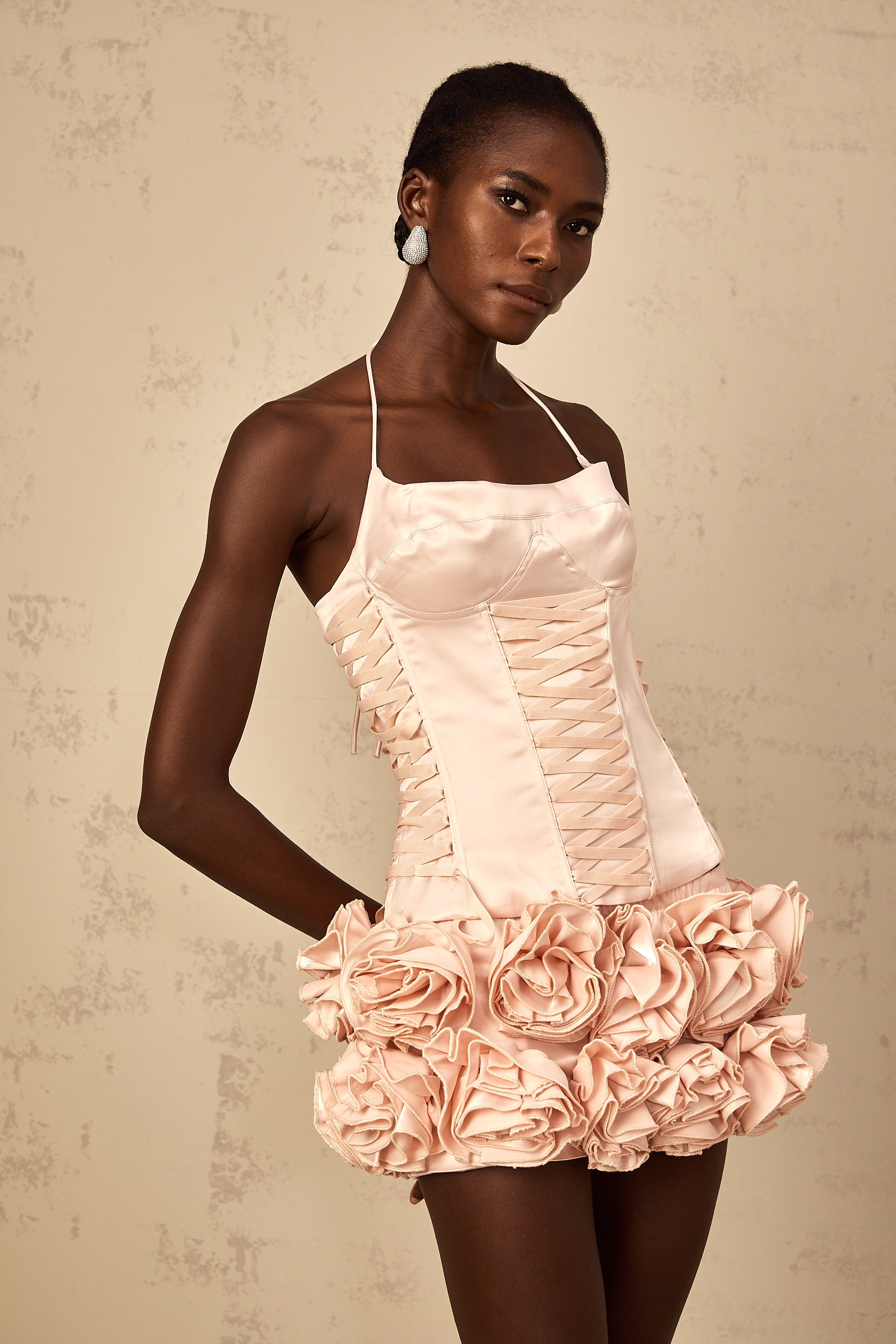 Jeanne pink faux-flower lace-up top & skirt matching set (Final Sale-US Only)