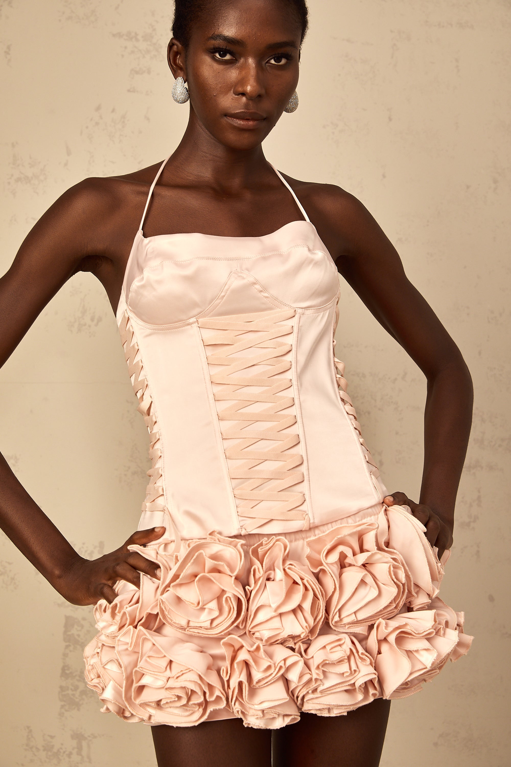 Jeanne pink faux-flower lace-up top & skirt matching set