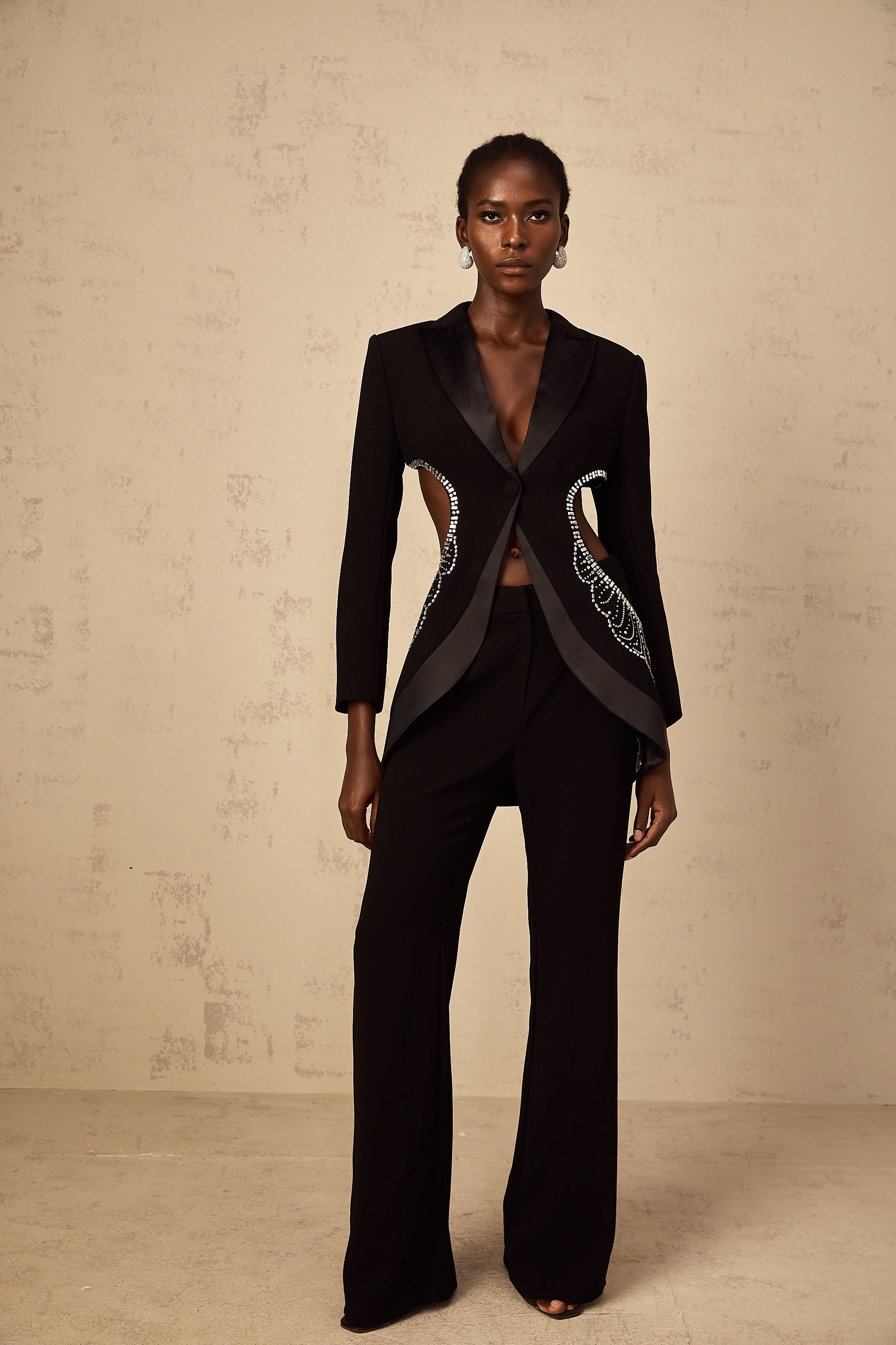 Annabelle Black Cut-Out Embellished Blazer & Trousers Set