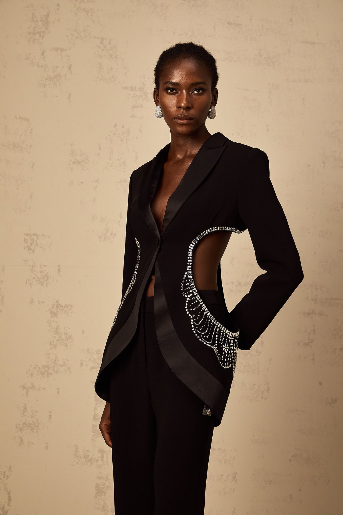 Annabelle Black Cut-Out Embellished Blazer & Trousers Set