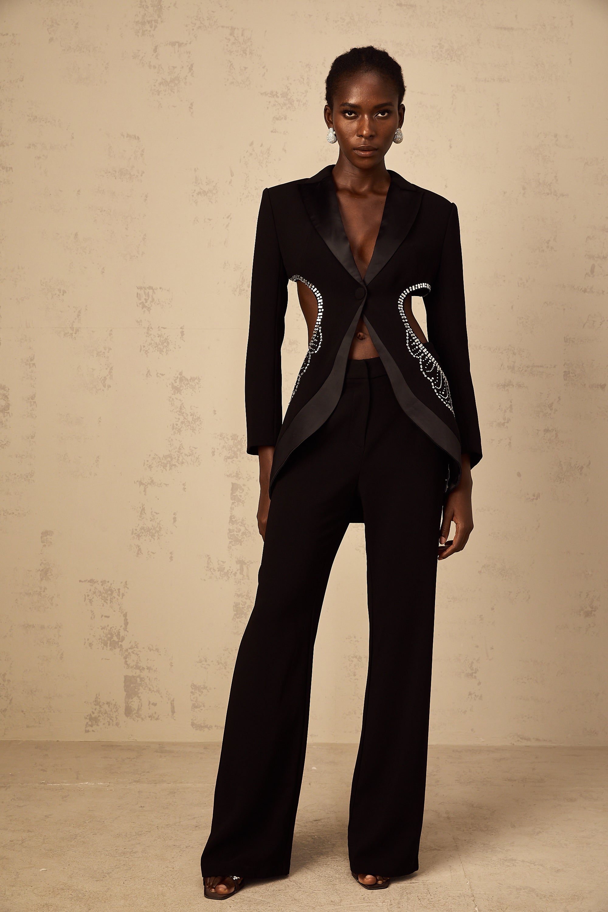 Annabelle Black Cut-Out Embellished Blazer & Trousers Set