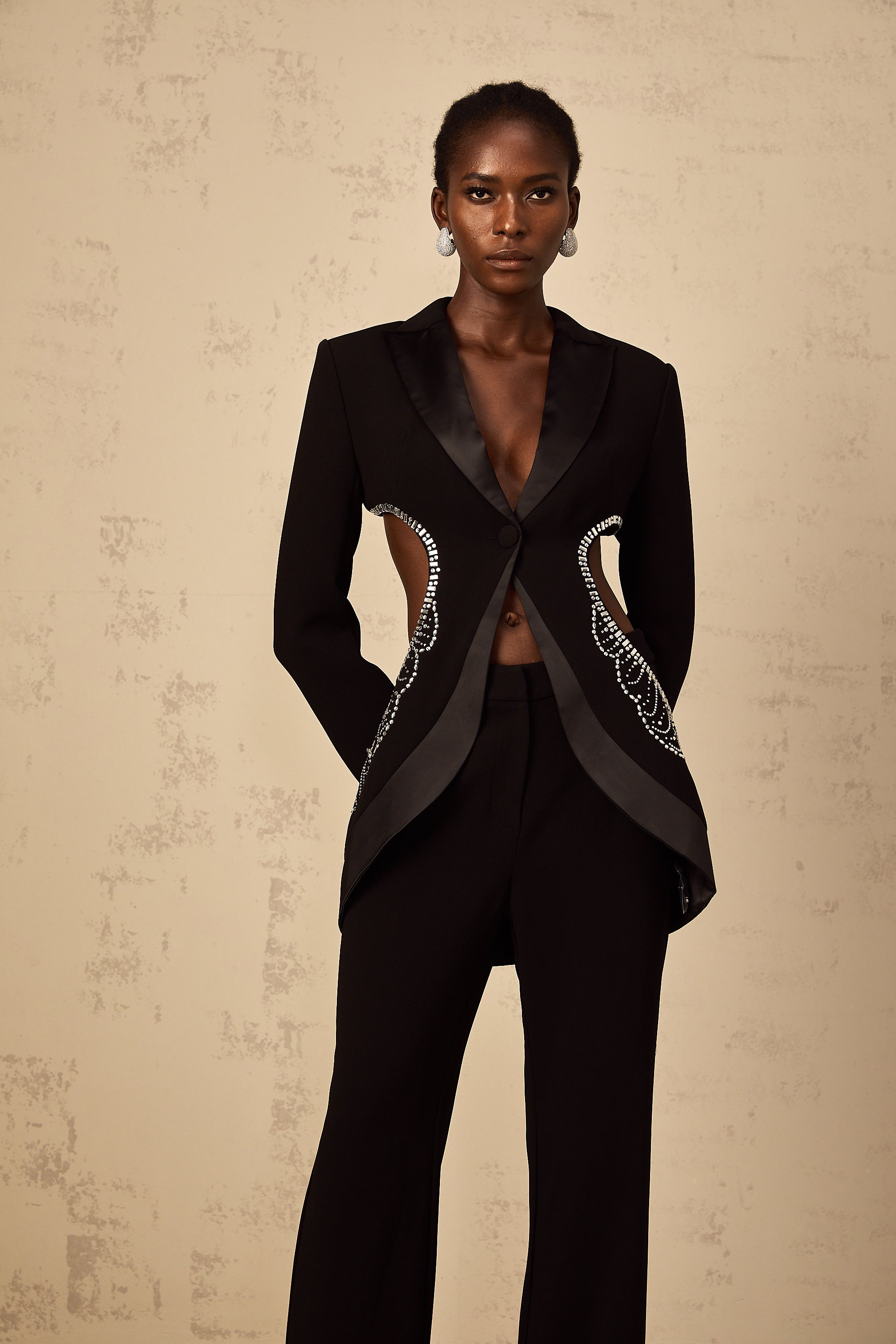 Annabelle Black Cut-Out Embellished Blazer & Trousers Set