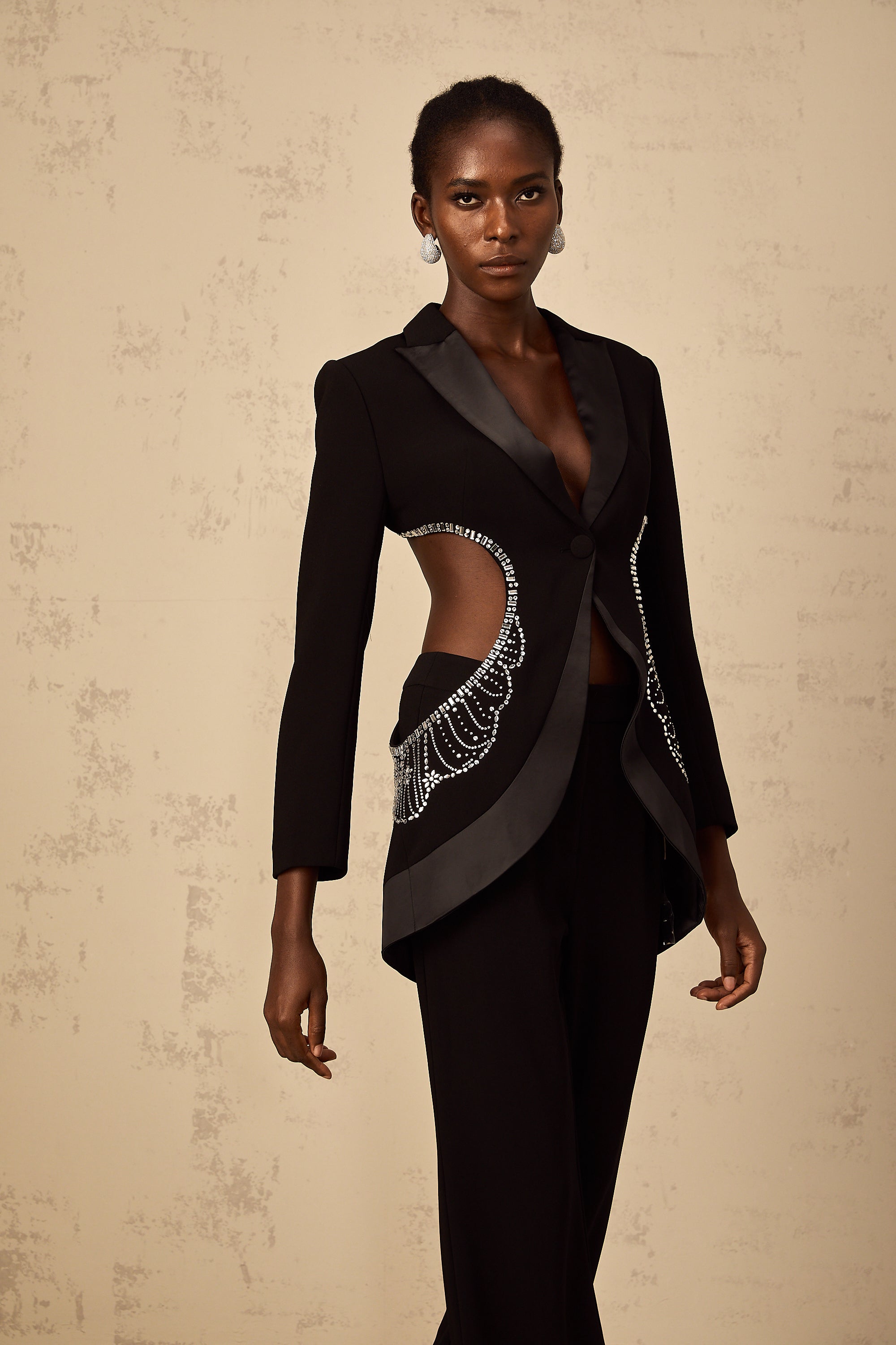 Annabelle Black Cut-Out Embellished Blazer & Trousers Set