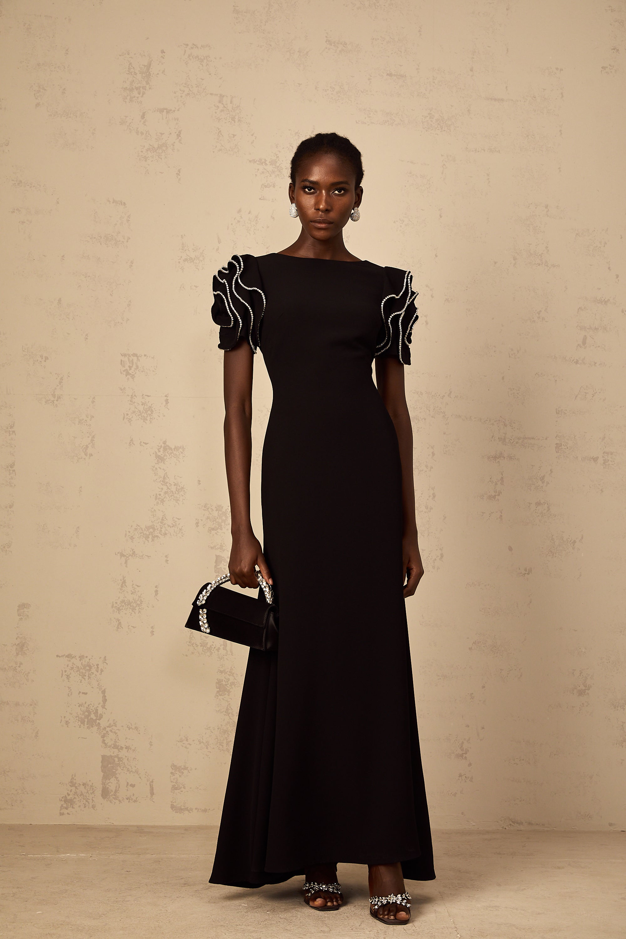Bruyère Black Ruffled Embellished Maxi Dress