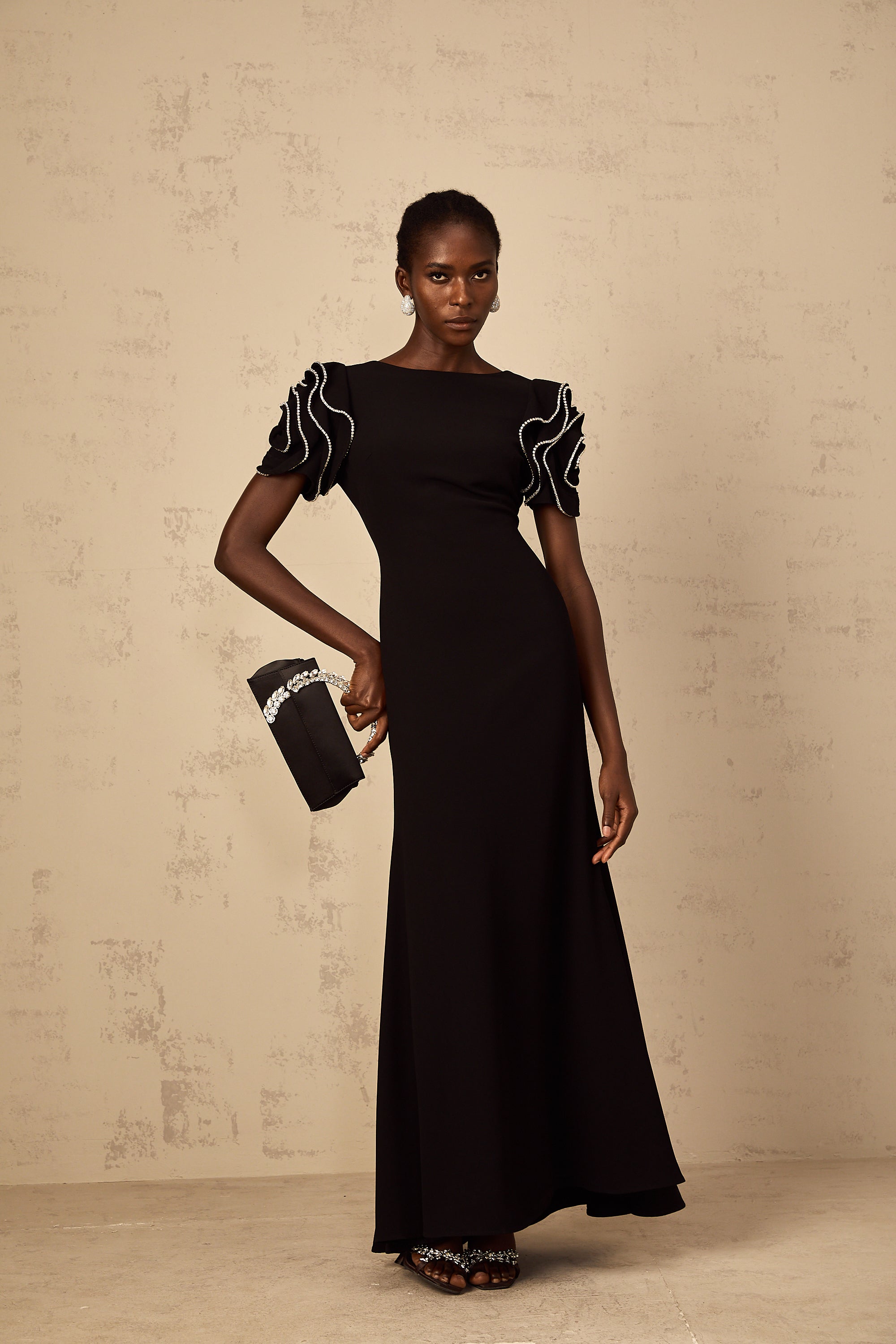 Bruyère Black Ruffled Embellished Maxi Dress