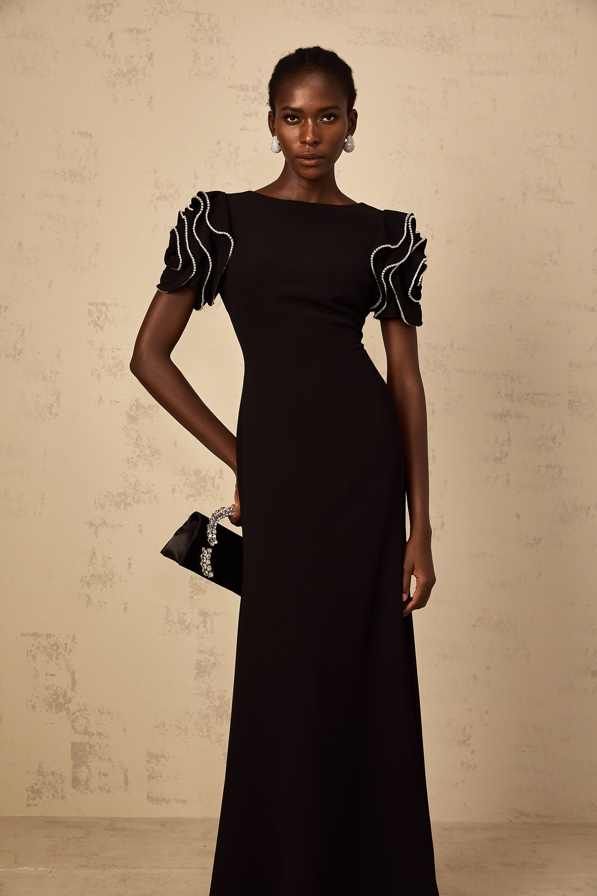 Bruyère Black Ruffled Embellished Maxi Dress