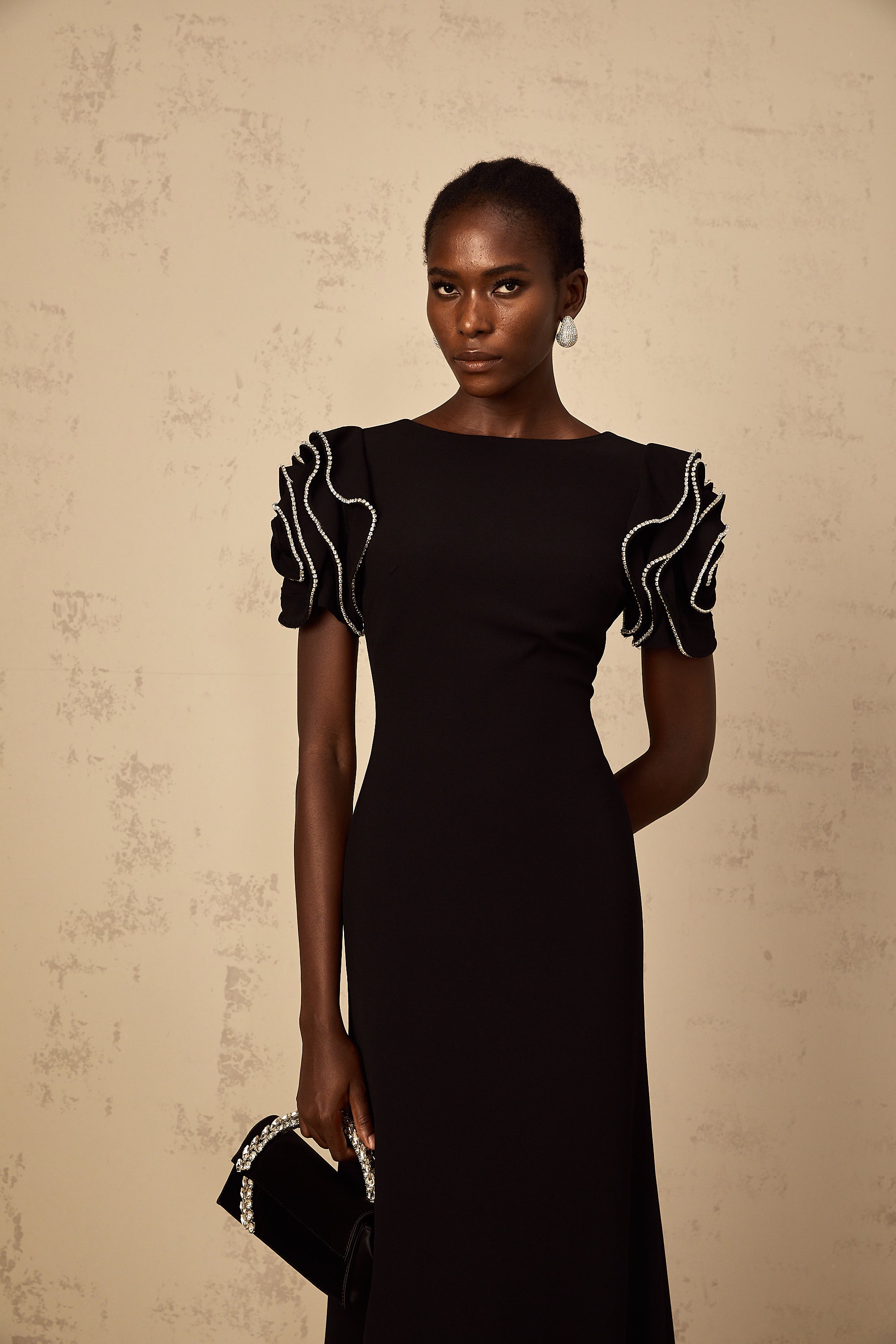 Bruyère Black Ruffled Embellished Maxi Dress