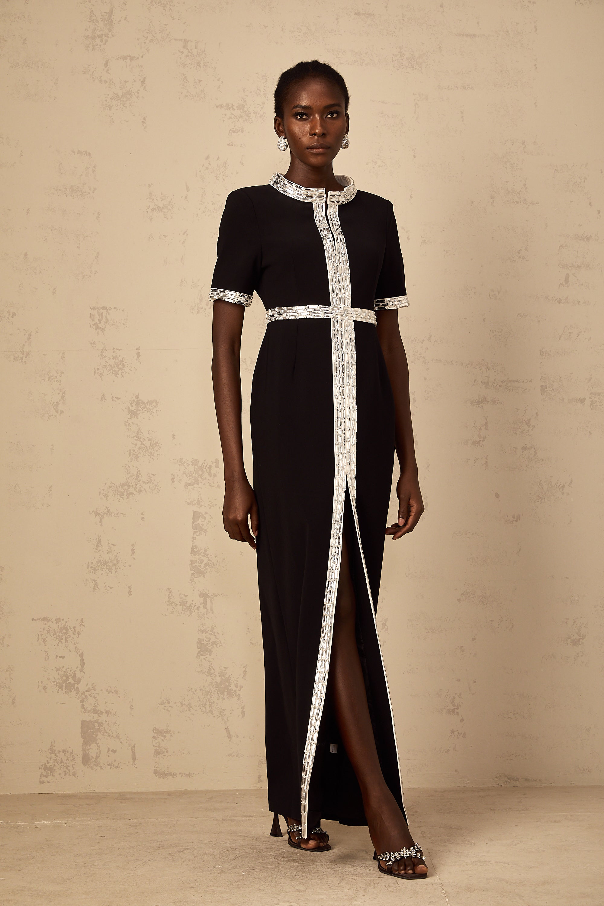 Mylène Black Front Slit Crystal Embellished Maxi Dress