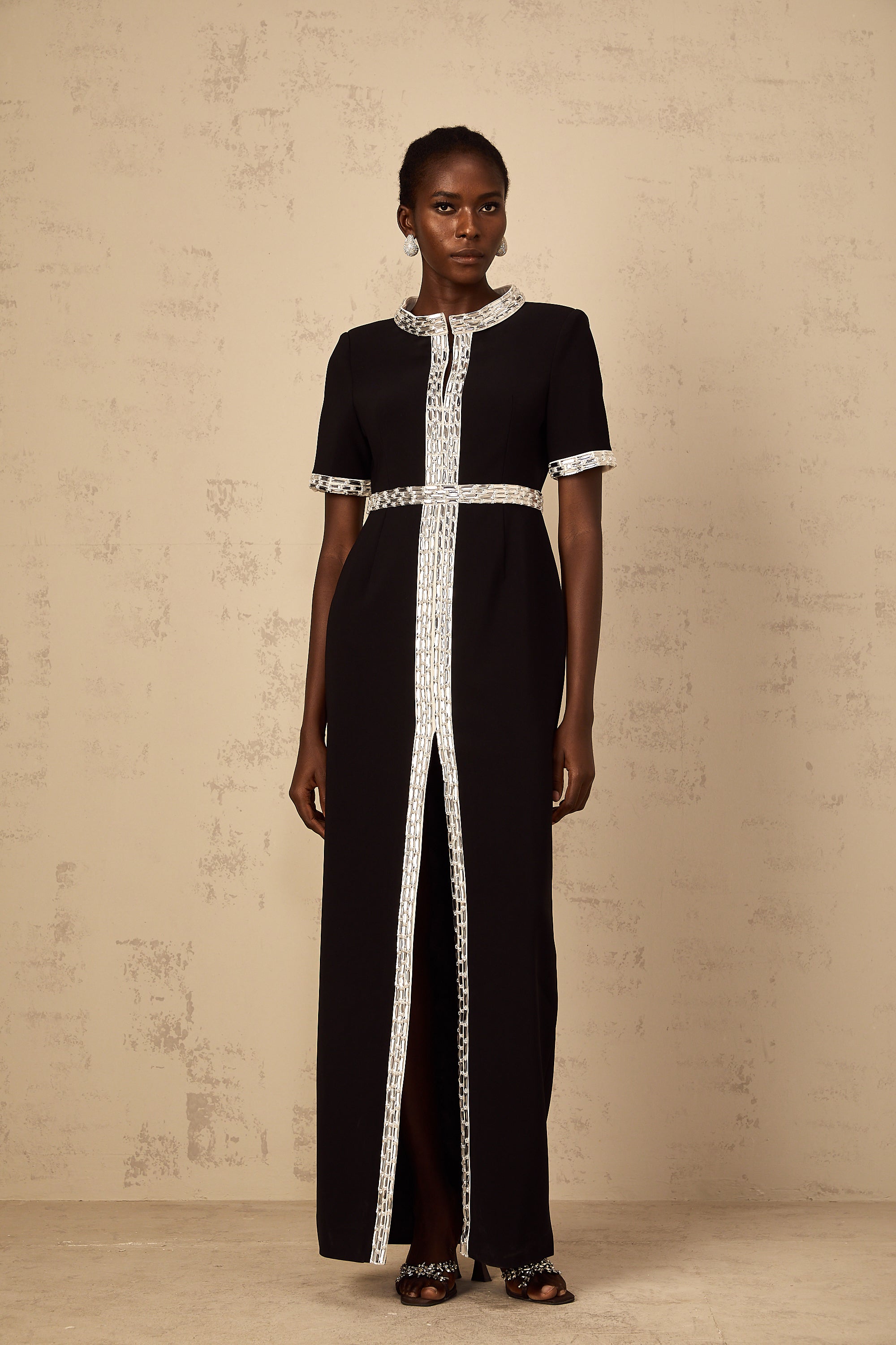 Mylène Black Front Slit Crystal Embellished Maxi Dress
