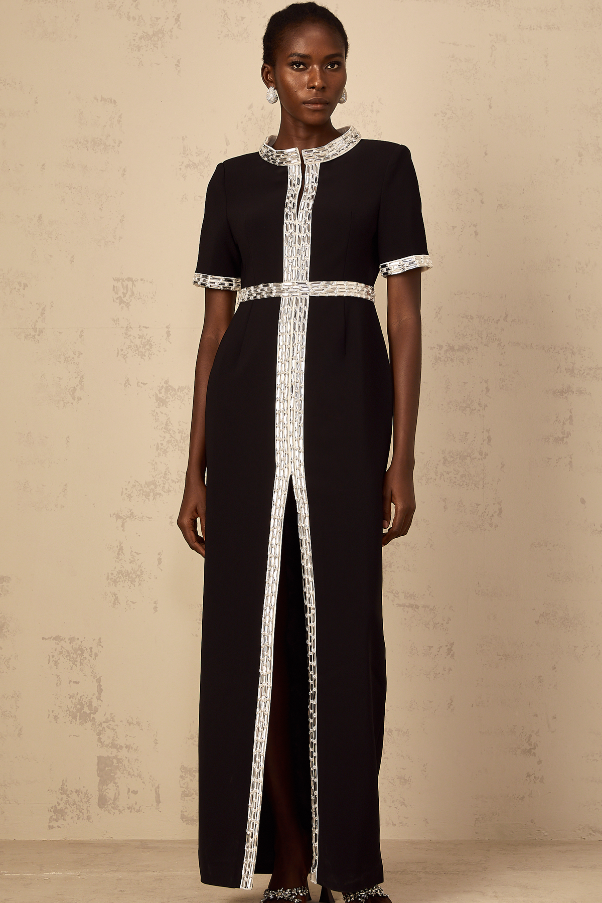 Mylène Black Front Slit Crystal Embellished Maxi Dress