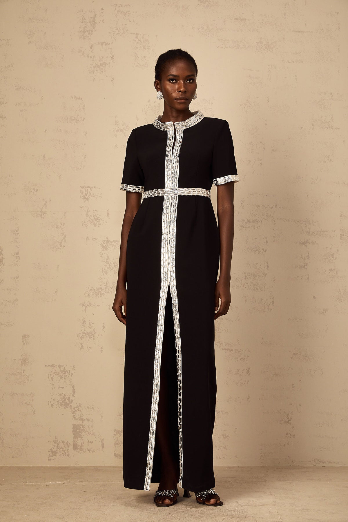 Mylène Black Front Slit Crystal Embellished Maxi Dress (Final Sale-US Only)