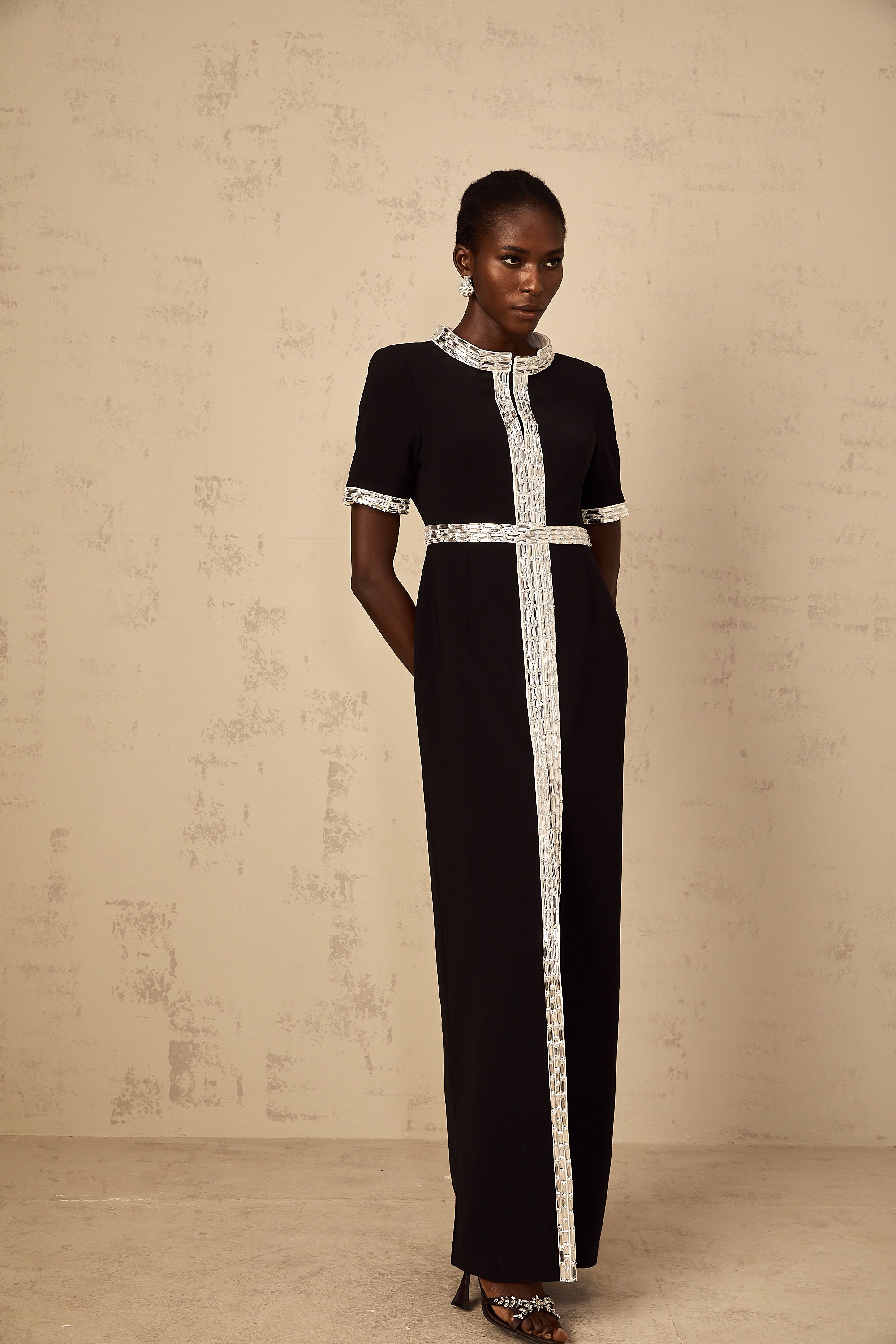 Mylène Black Front Slit Crystal Embellished Maxi Dress
