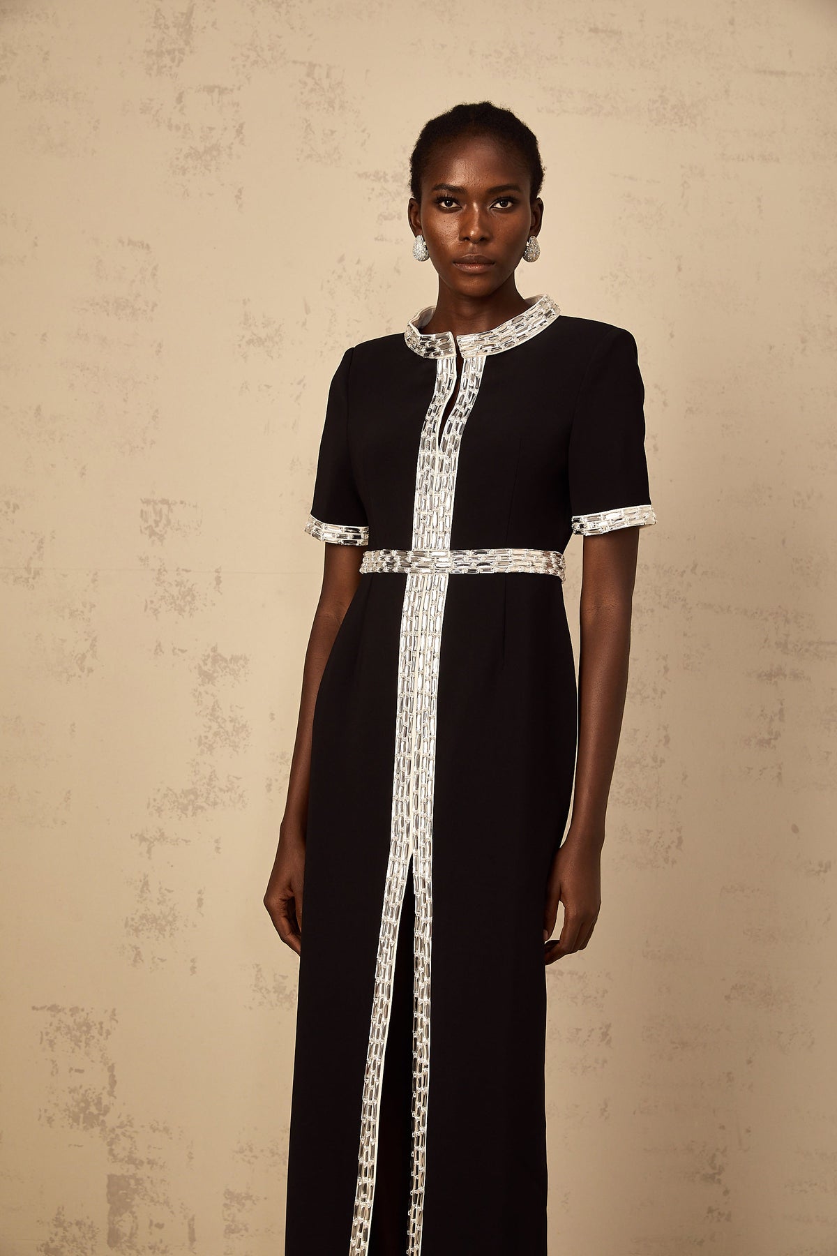 Mylène Black Front Slit Crystal Embellished Maxi Dress