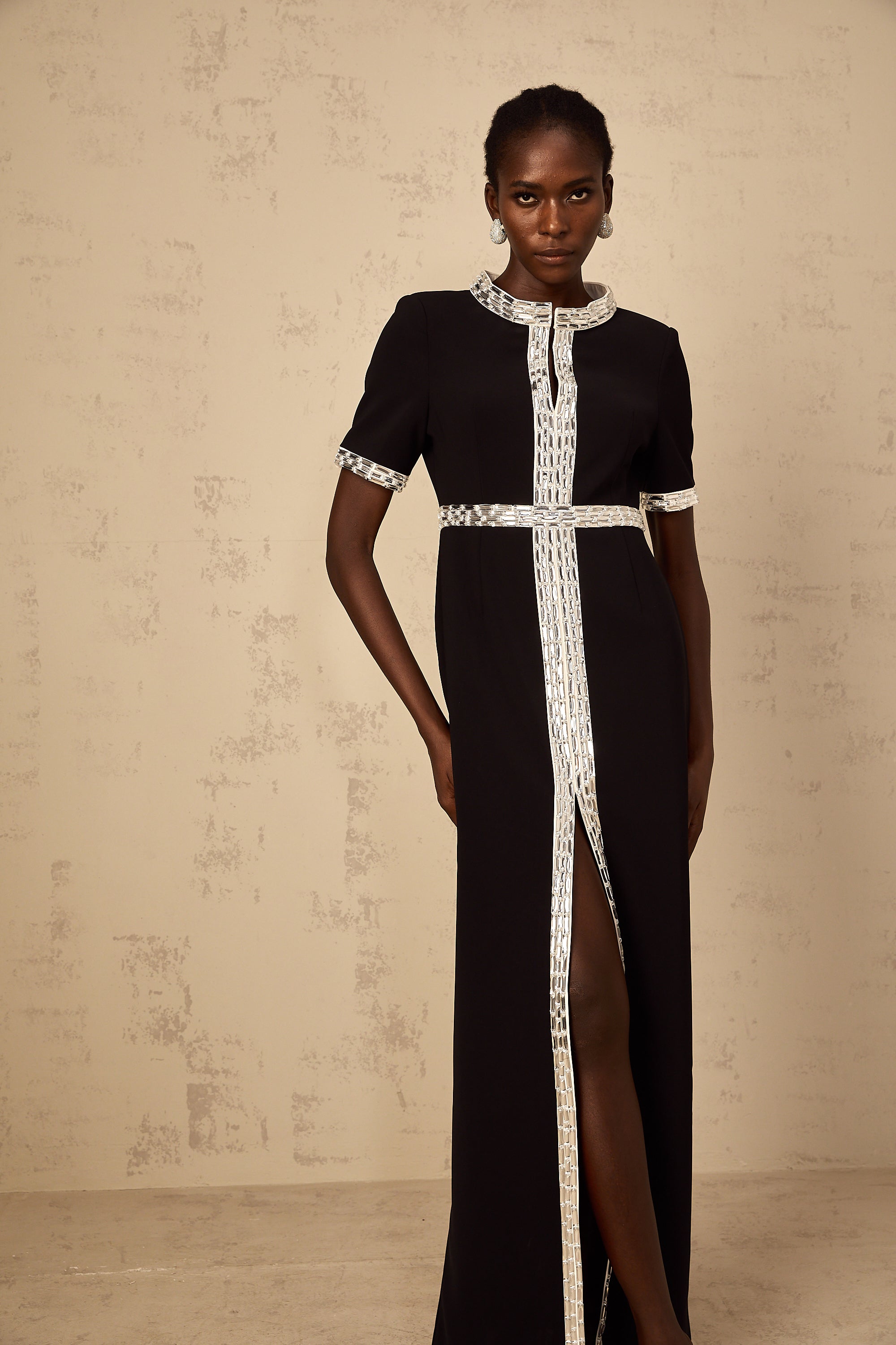 Mylène Black Front Slit Crystal Embellished Maxi Dress