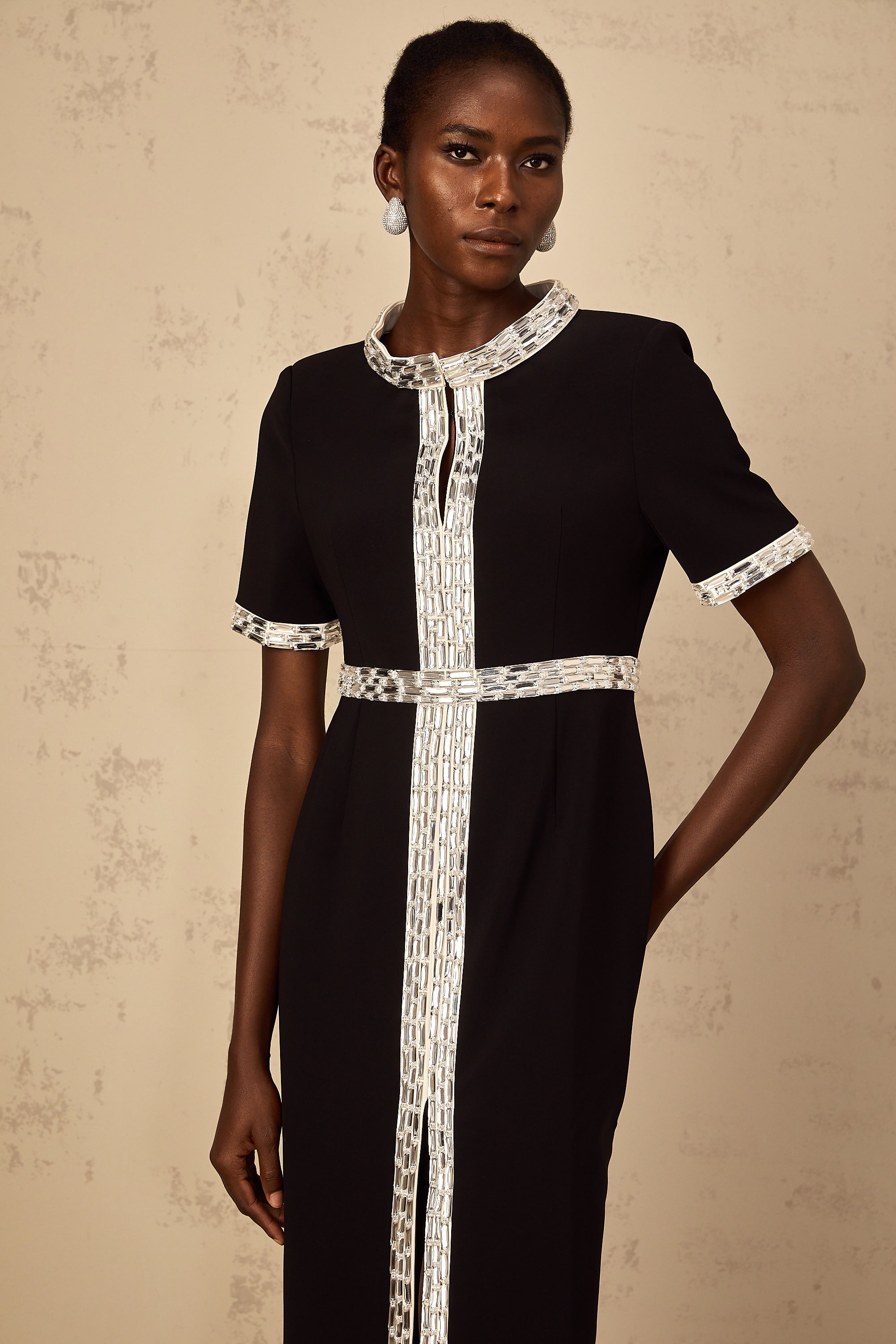 Mylène Black Front Slit Crystal Embellished Maxi Dress
