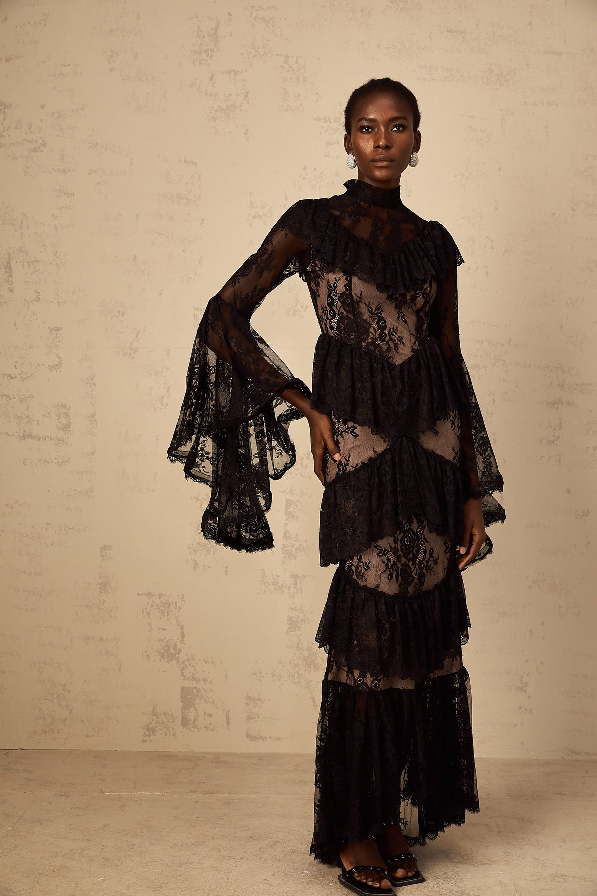 Roxane black floral-lace ruffled maxi dress