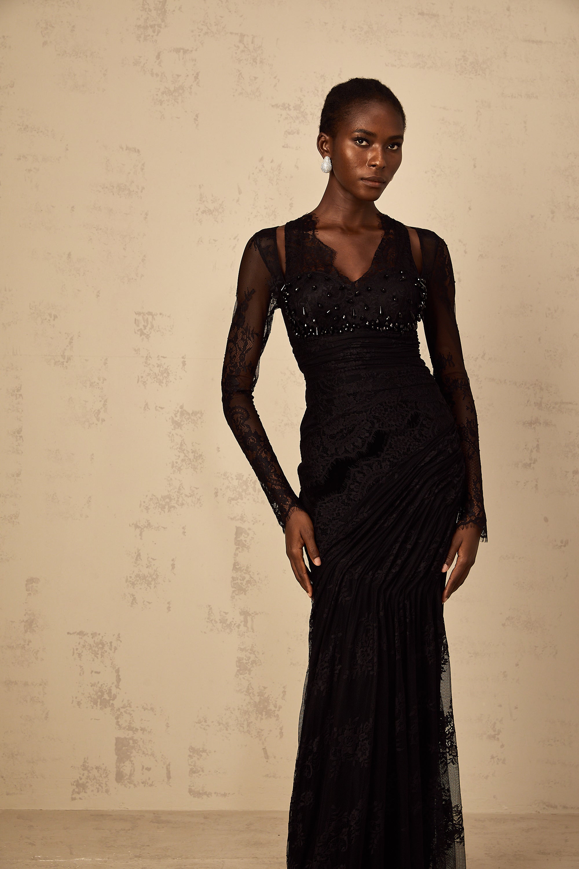 Ursula black floral-lace mermaid maxi dress