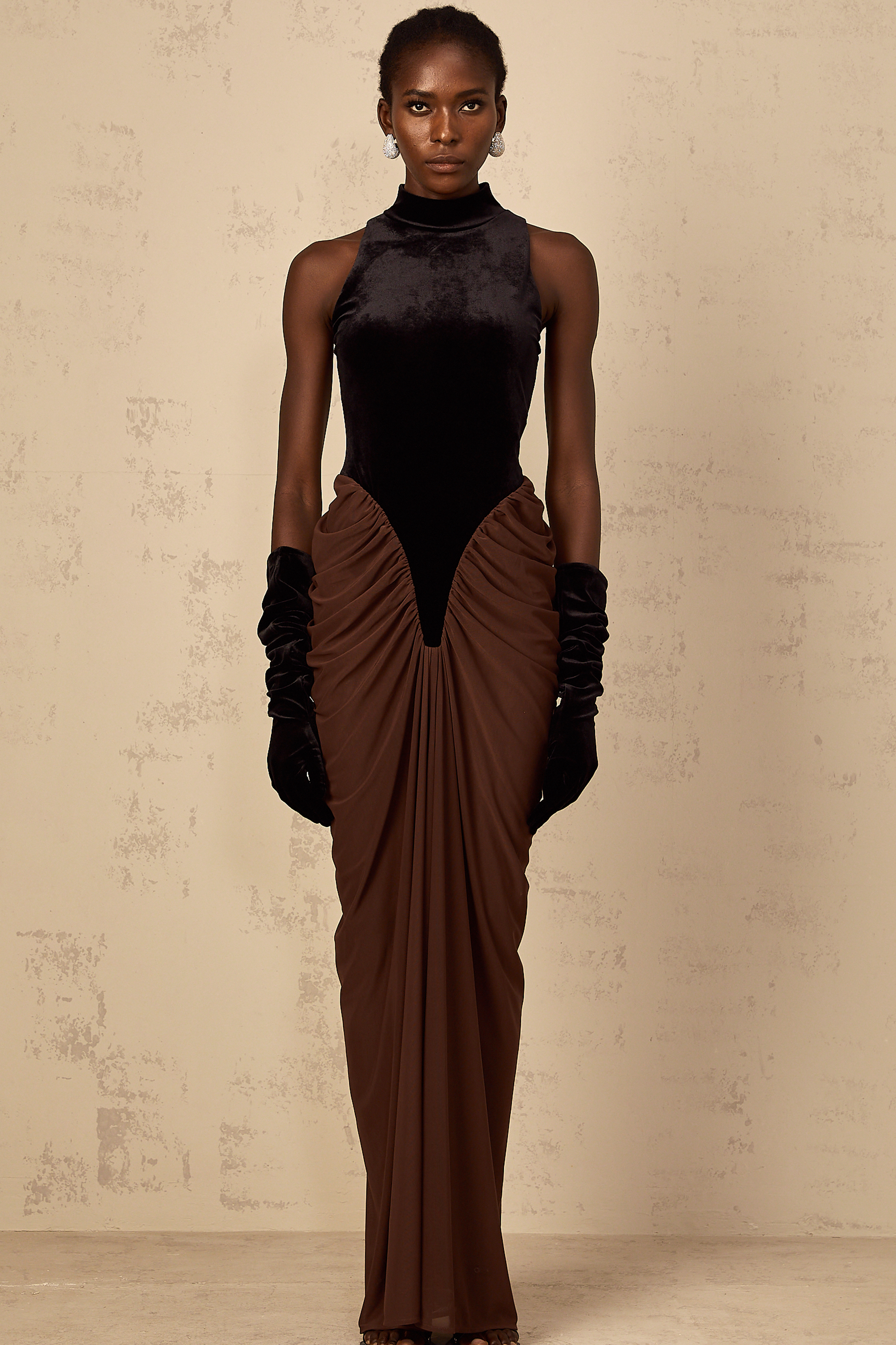 Mathilde brown velvet-panel ruched maxi dress (Final Sale)