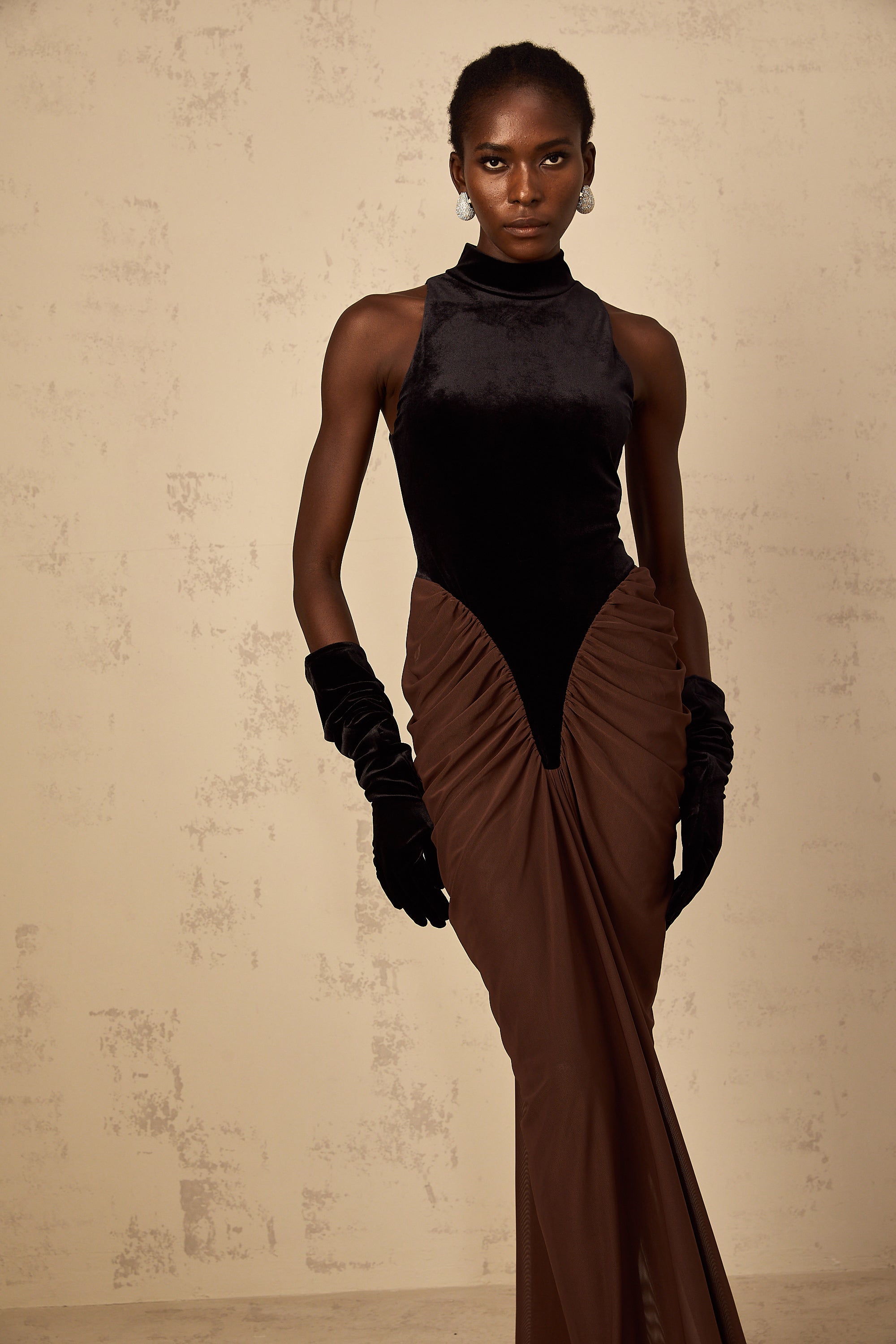 Mathilde brown velvet-panel ruched maxi dress