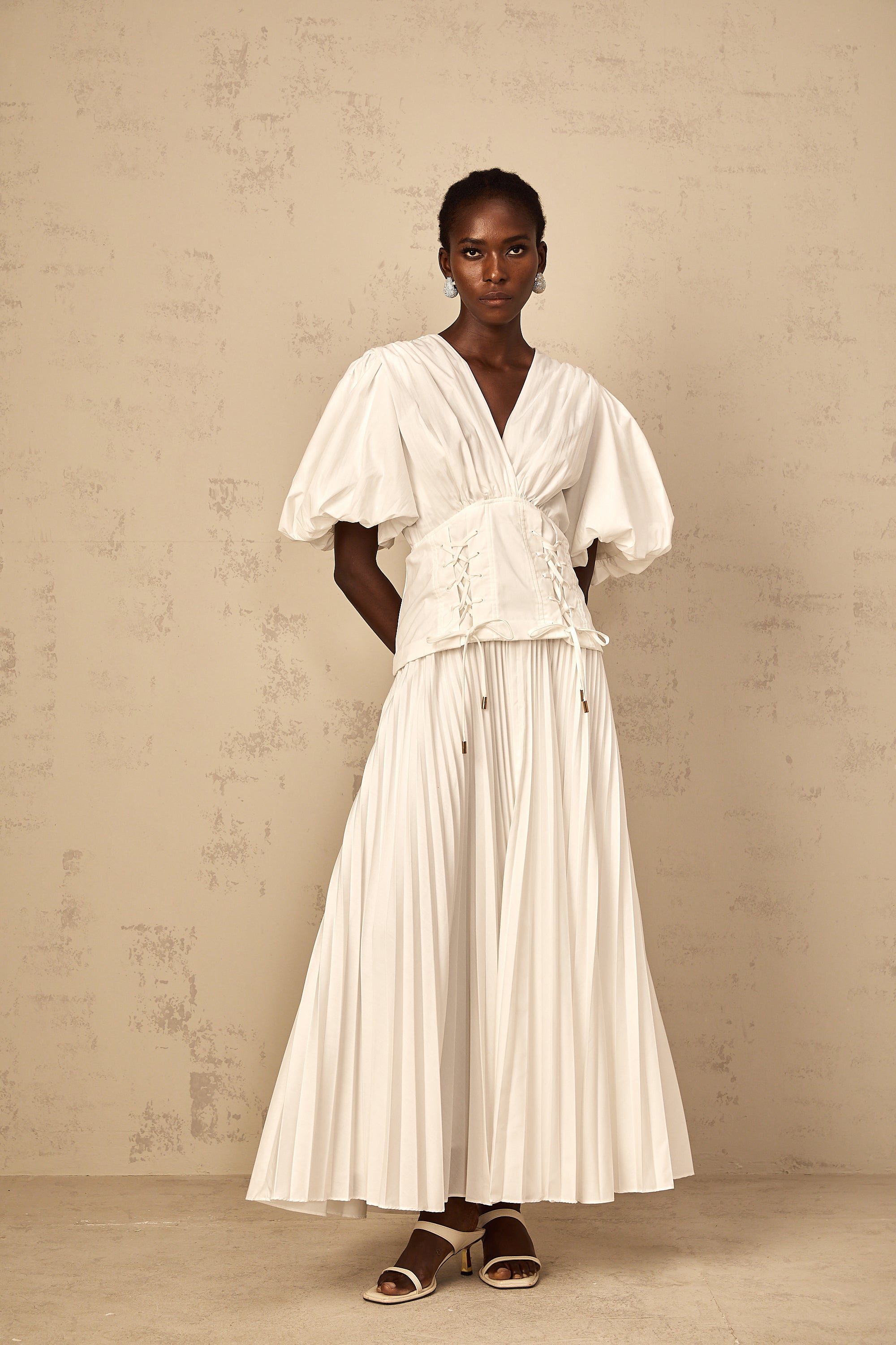 Vienne White Lace-Up Pleated Maxi Dress