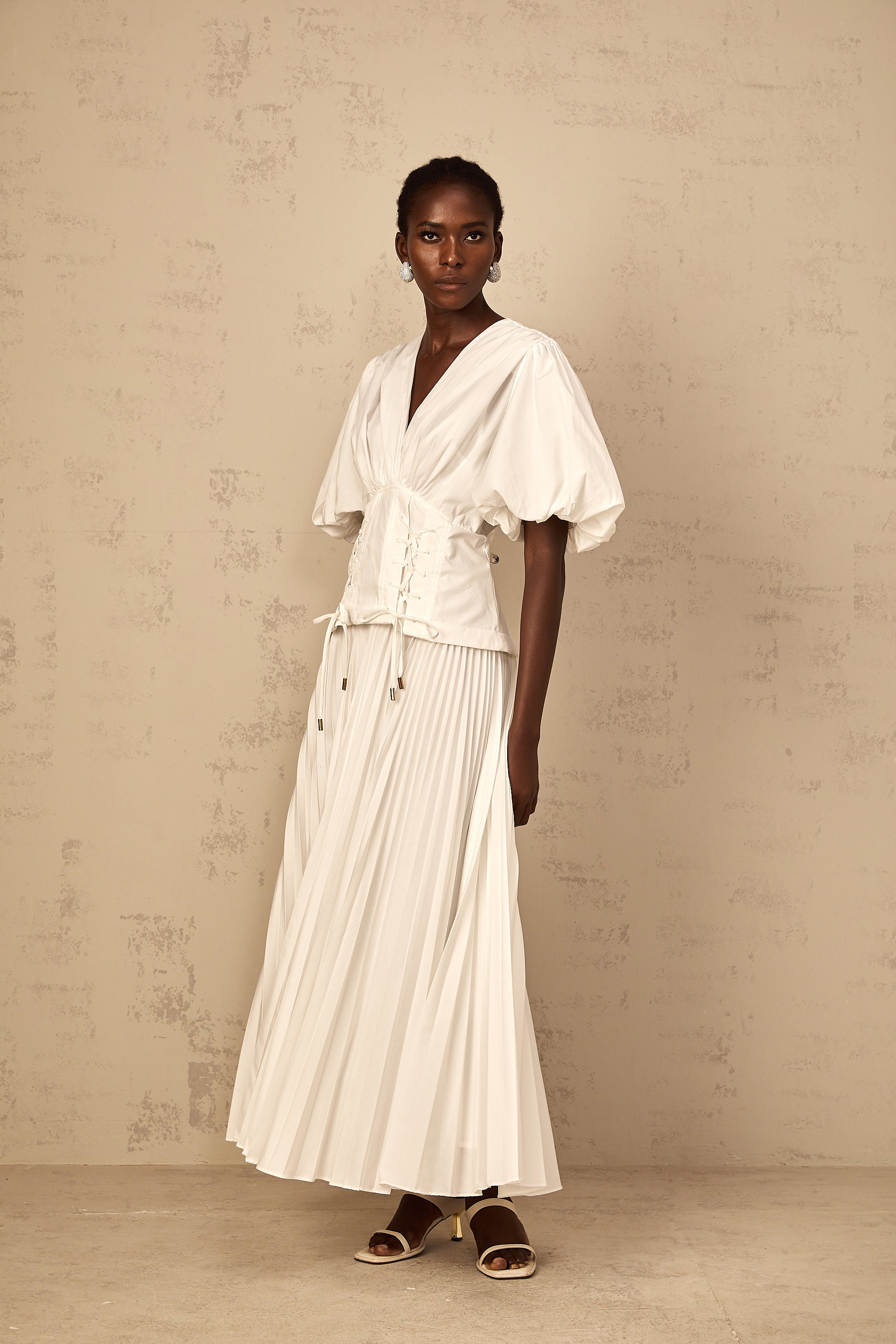 Vienne White Lace-Up Pleated Maxi Dress