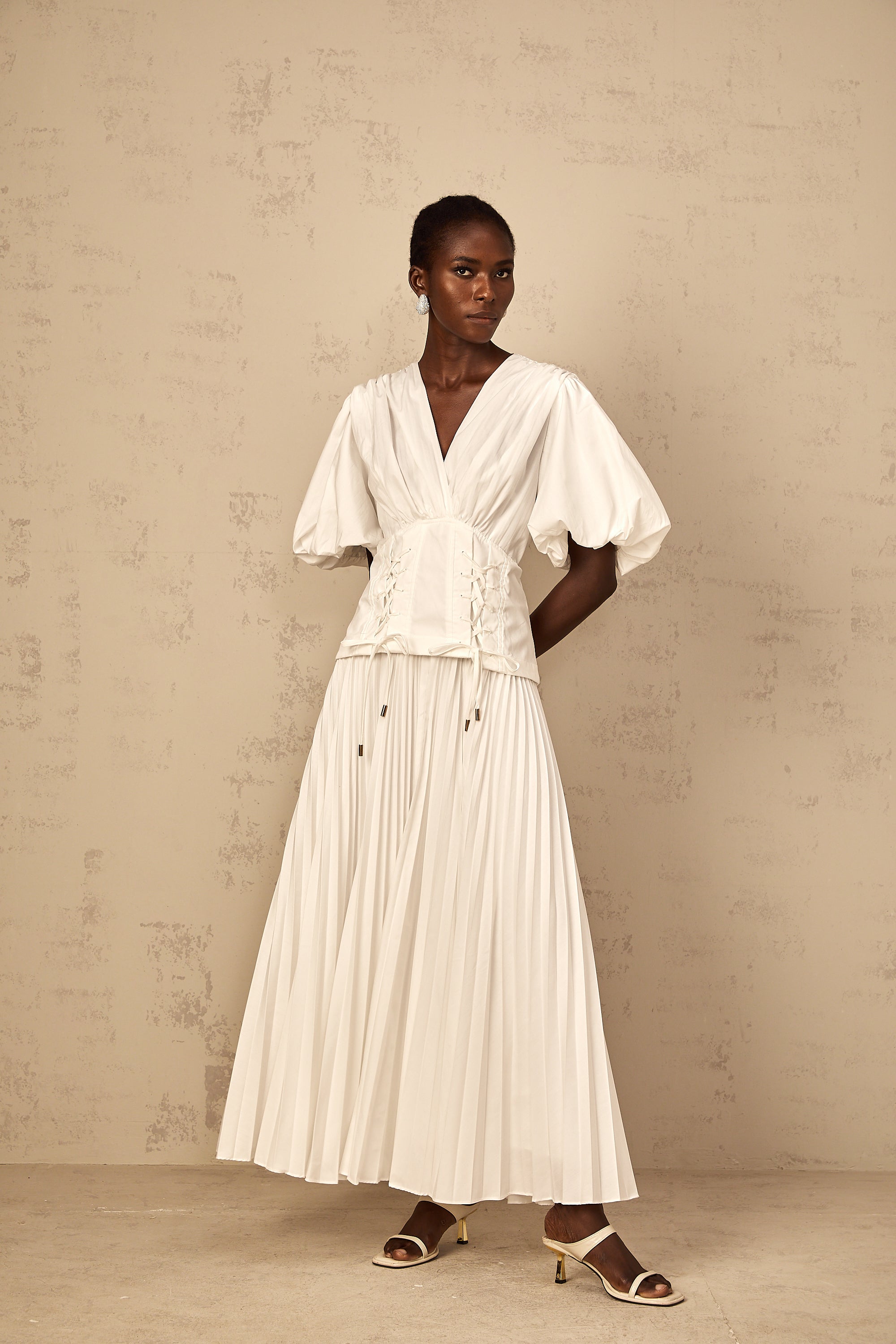 Vienne White Lace-Up Pleated Maxi Dress