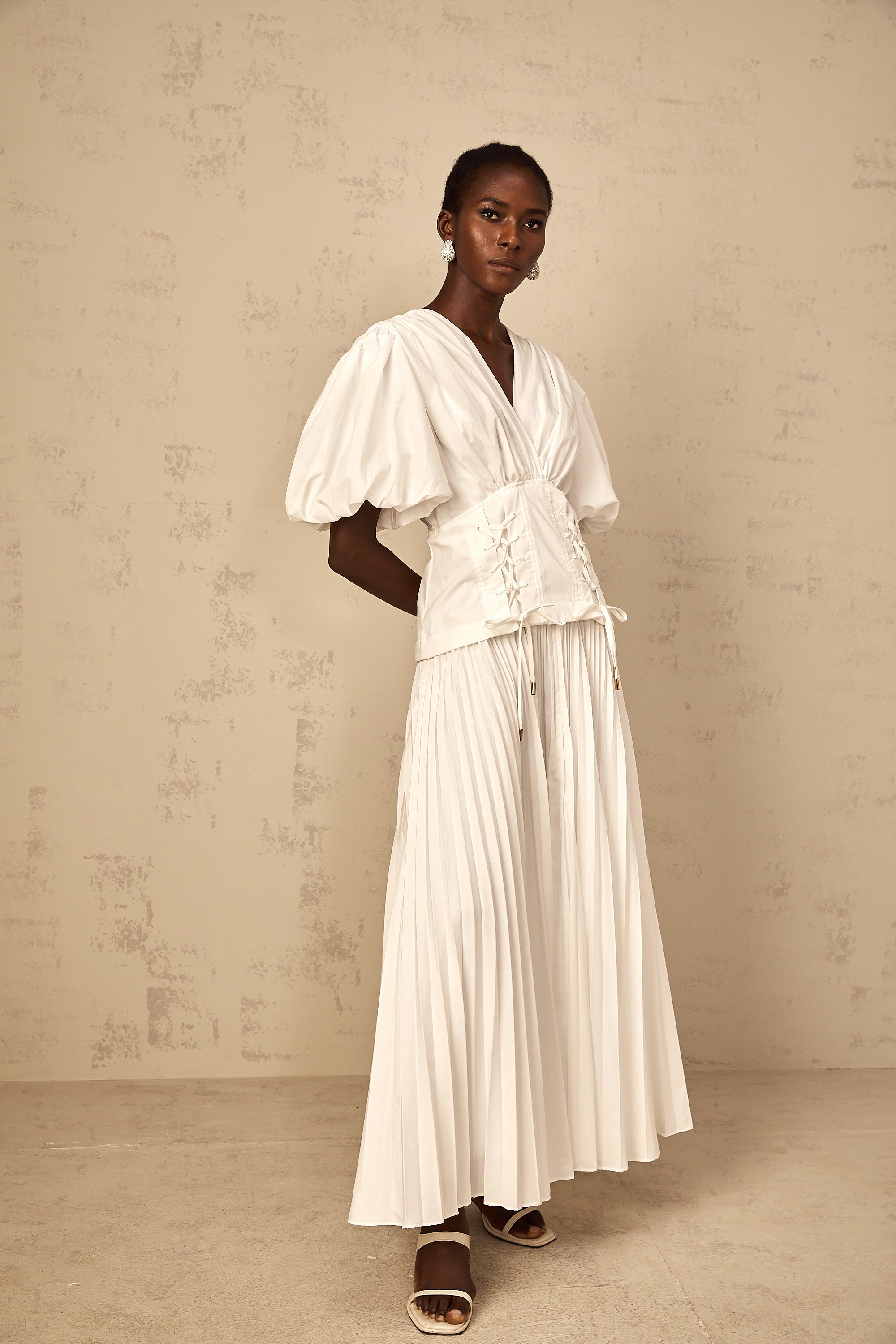 Vienne White Lace-Up Pleated Maxi Dress