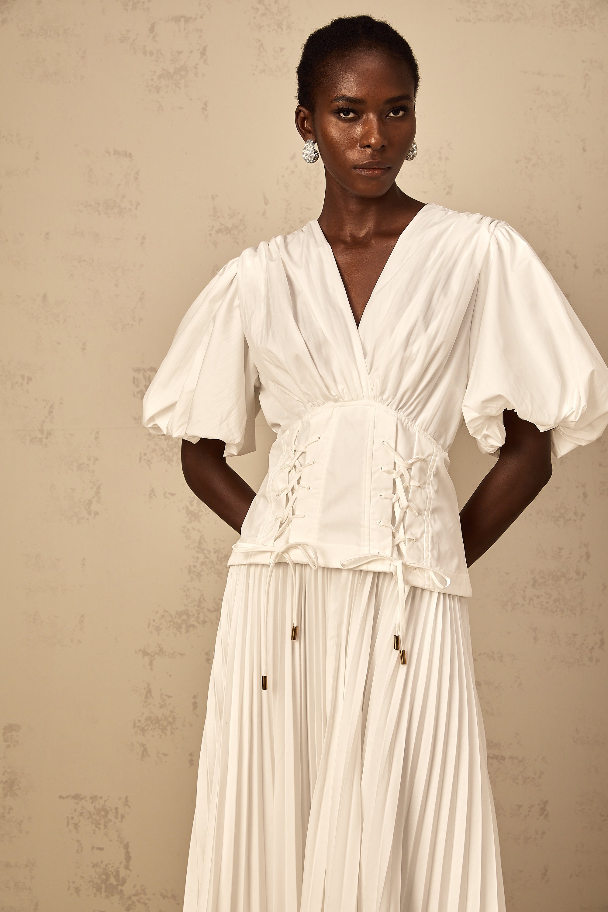 Vienne White Lace-Up Pleated Maxi Dress