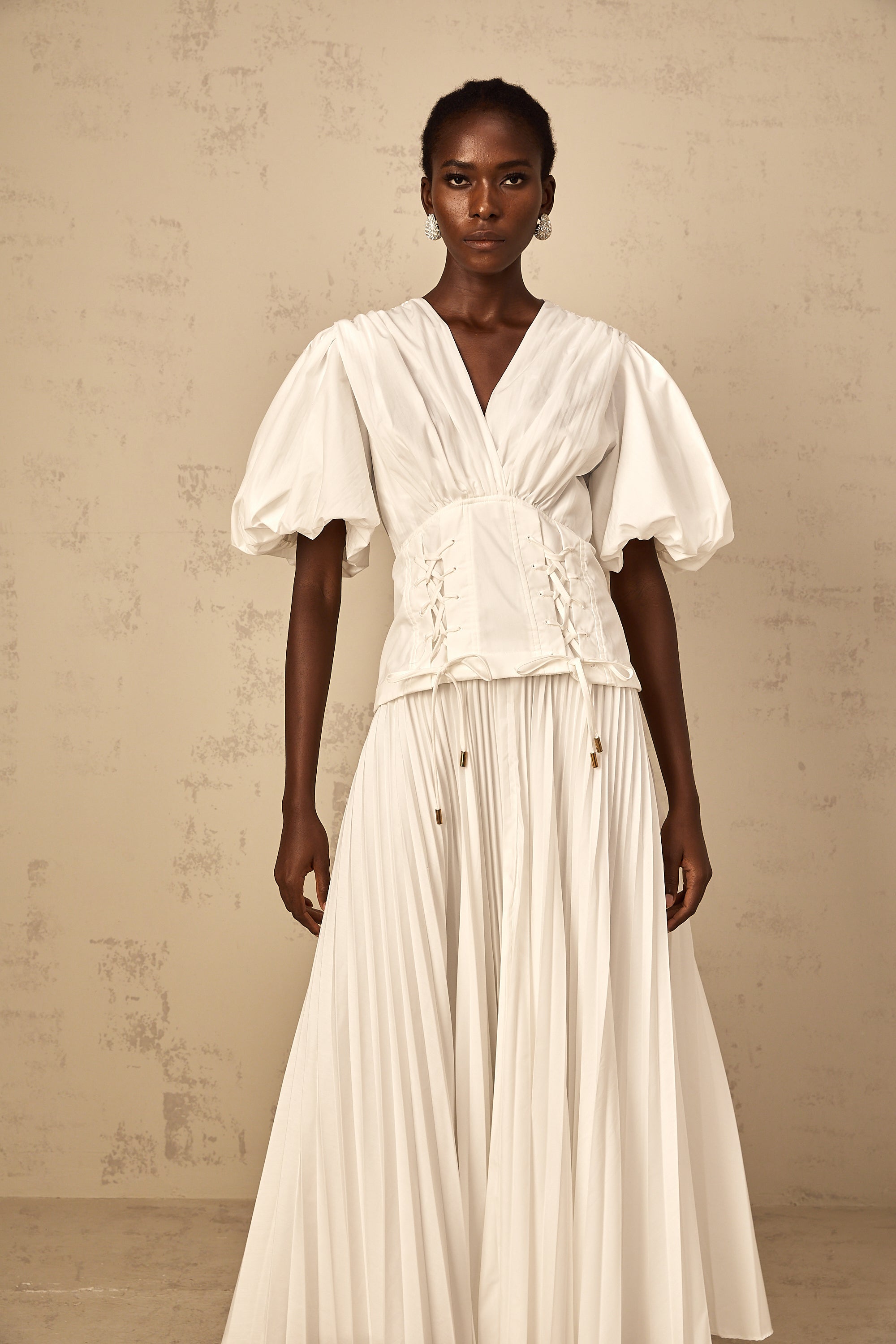 Vienne White Lace-Up Pleated Maxi Dress (Final Sale-US Only)