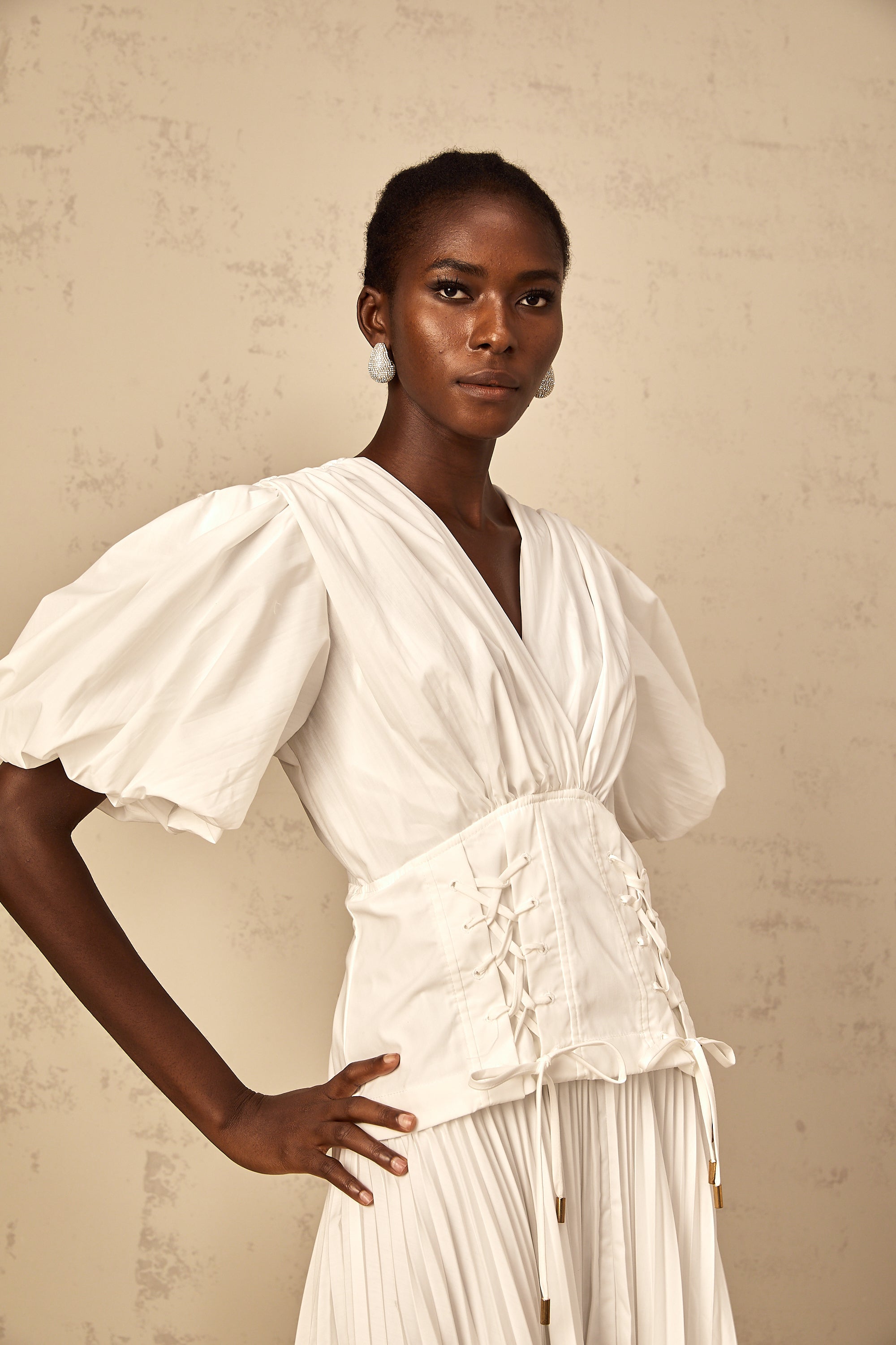 Vienne White Lace-Up Pleated Maxi Dress