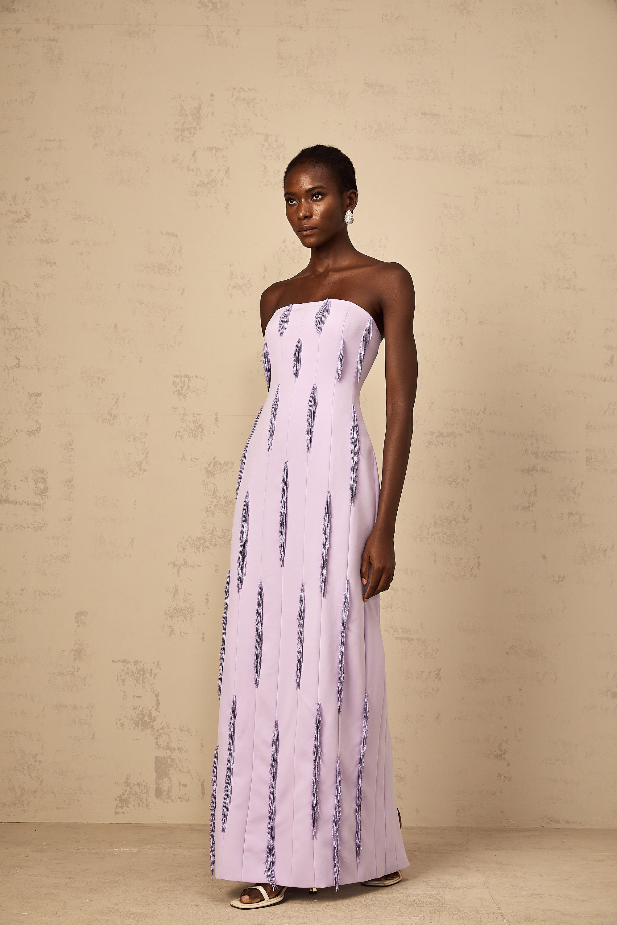 Émilie Purple Beaded Fringed Detail Maxi Dress
