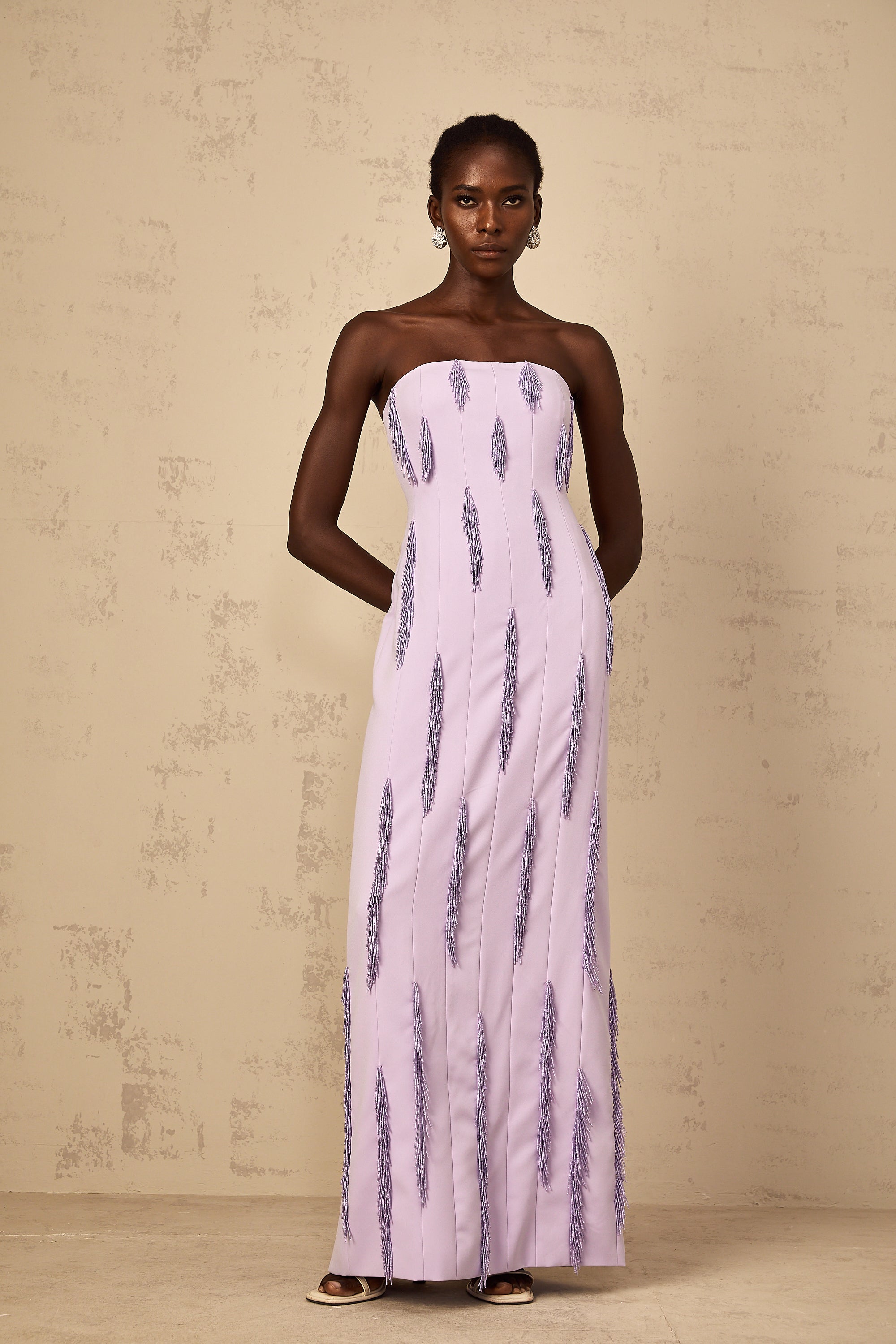 Émilie Purple Beaded Fringed Detail Maxi Dress