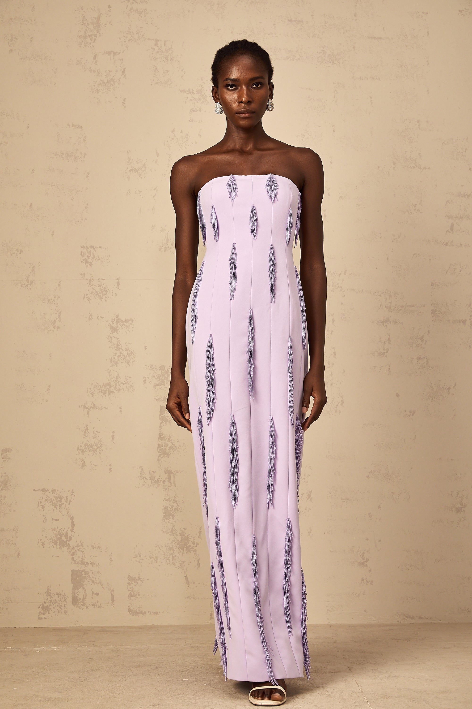 Émilie Purple Beaded Fringed Detail Maxi Dress