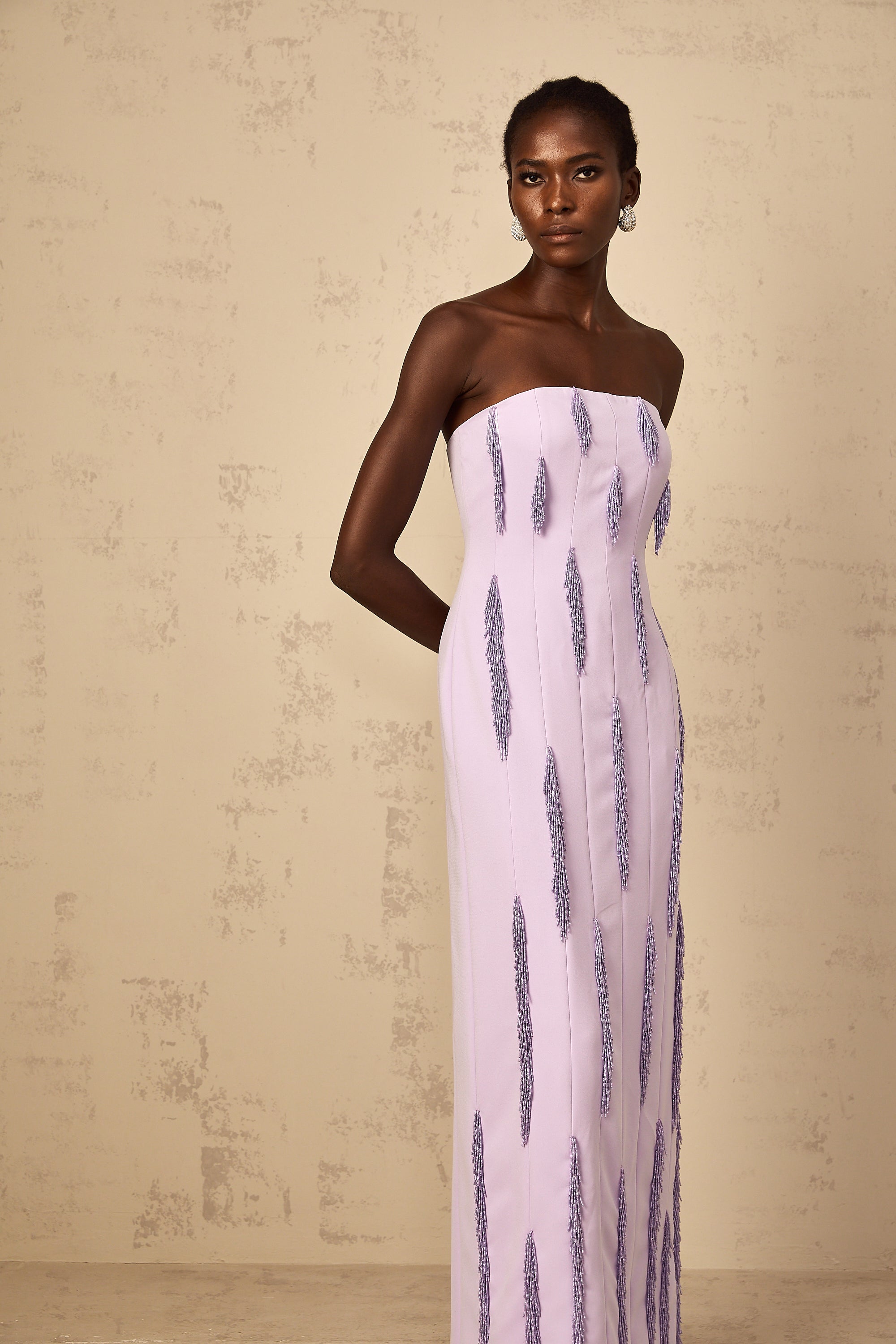 Émilie Purple Beaded Fringed Detail Maxi Dress