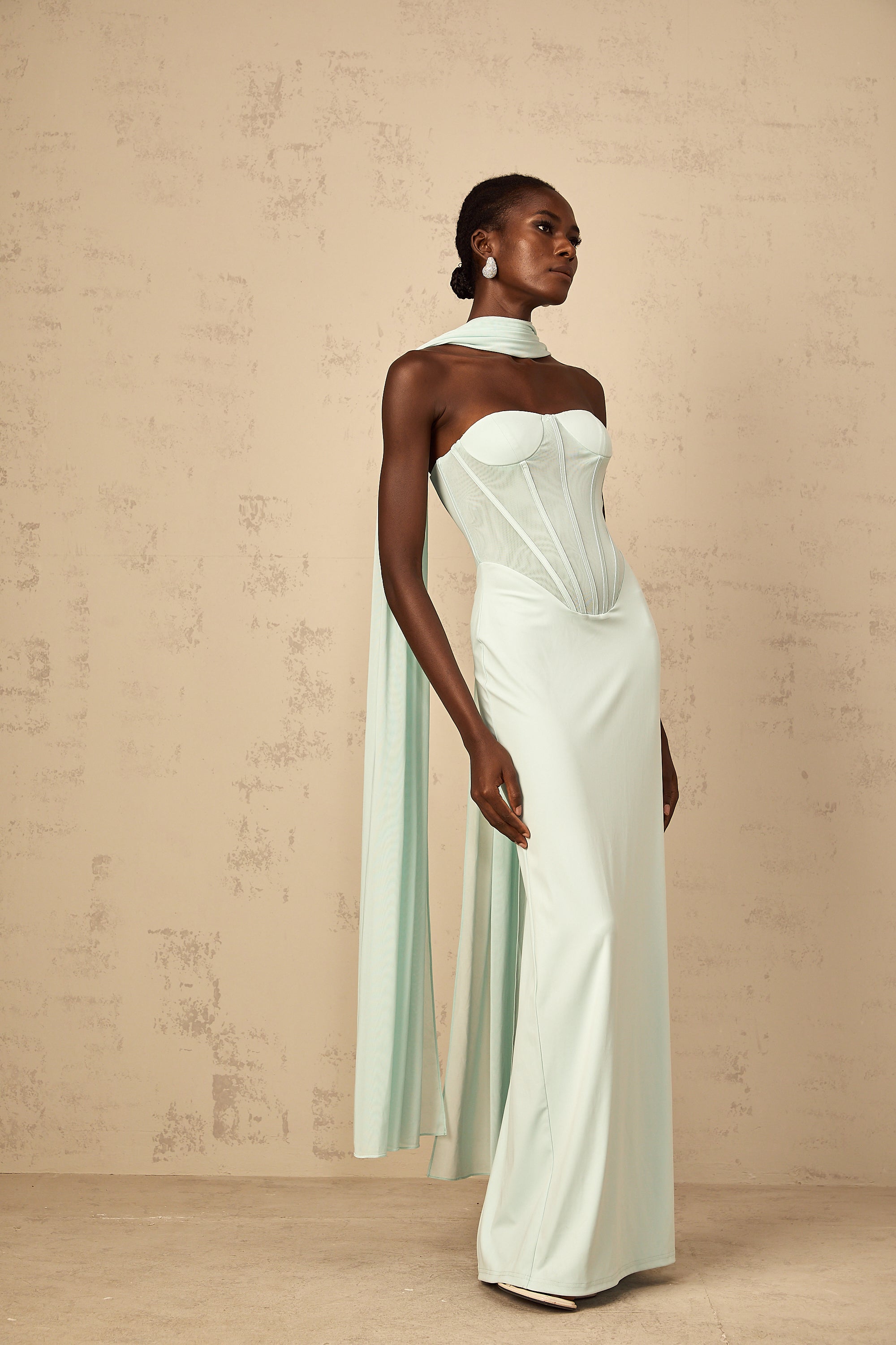 Béryl Tulle Panel Corset Maxi Dress in Mint Green