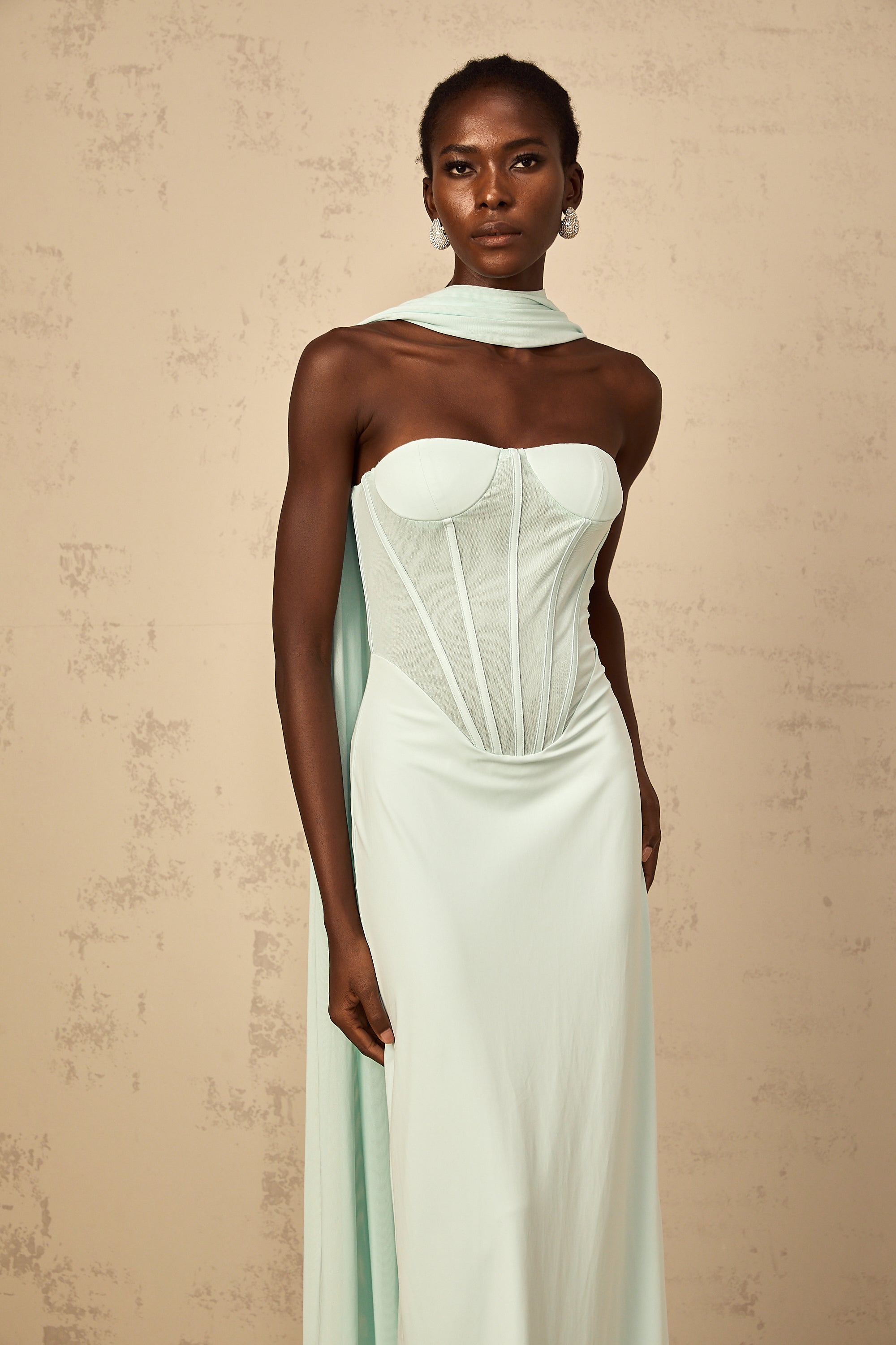 Béryl Tulle Panel Corset Maxi Dress in Mint Green