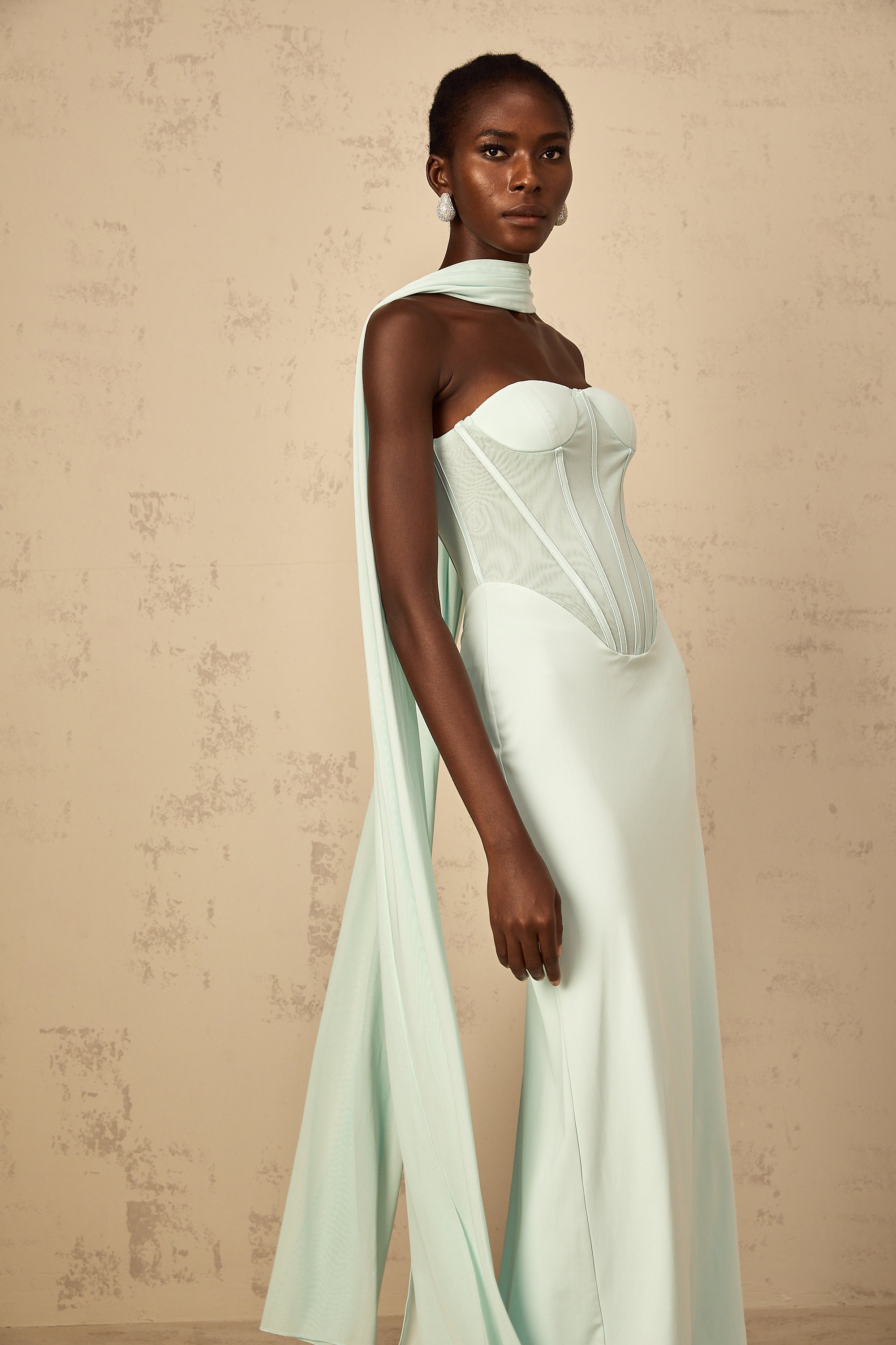 Béryl Tulle Panel Corset Maxi Dress in Mint Green