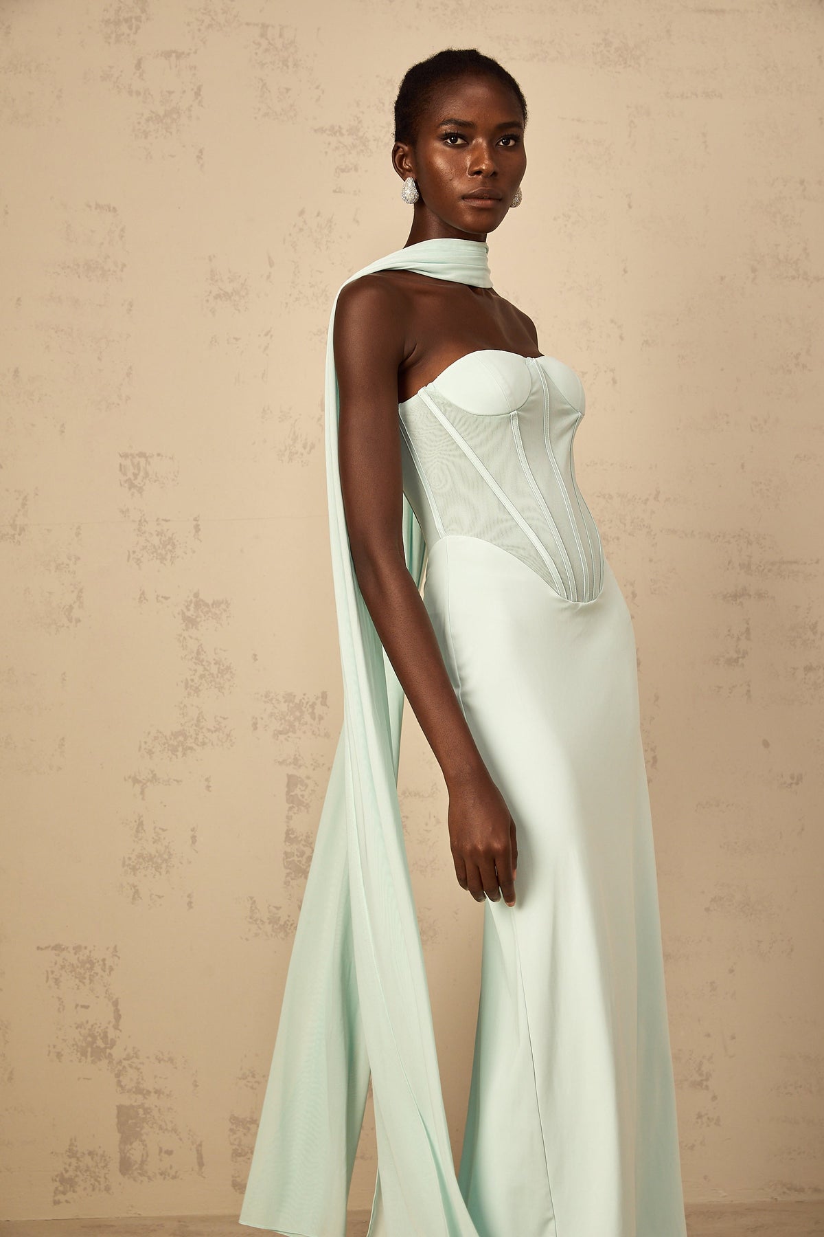 Béryl Tulle Panel Corset Maxi Dress in Mint Green