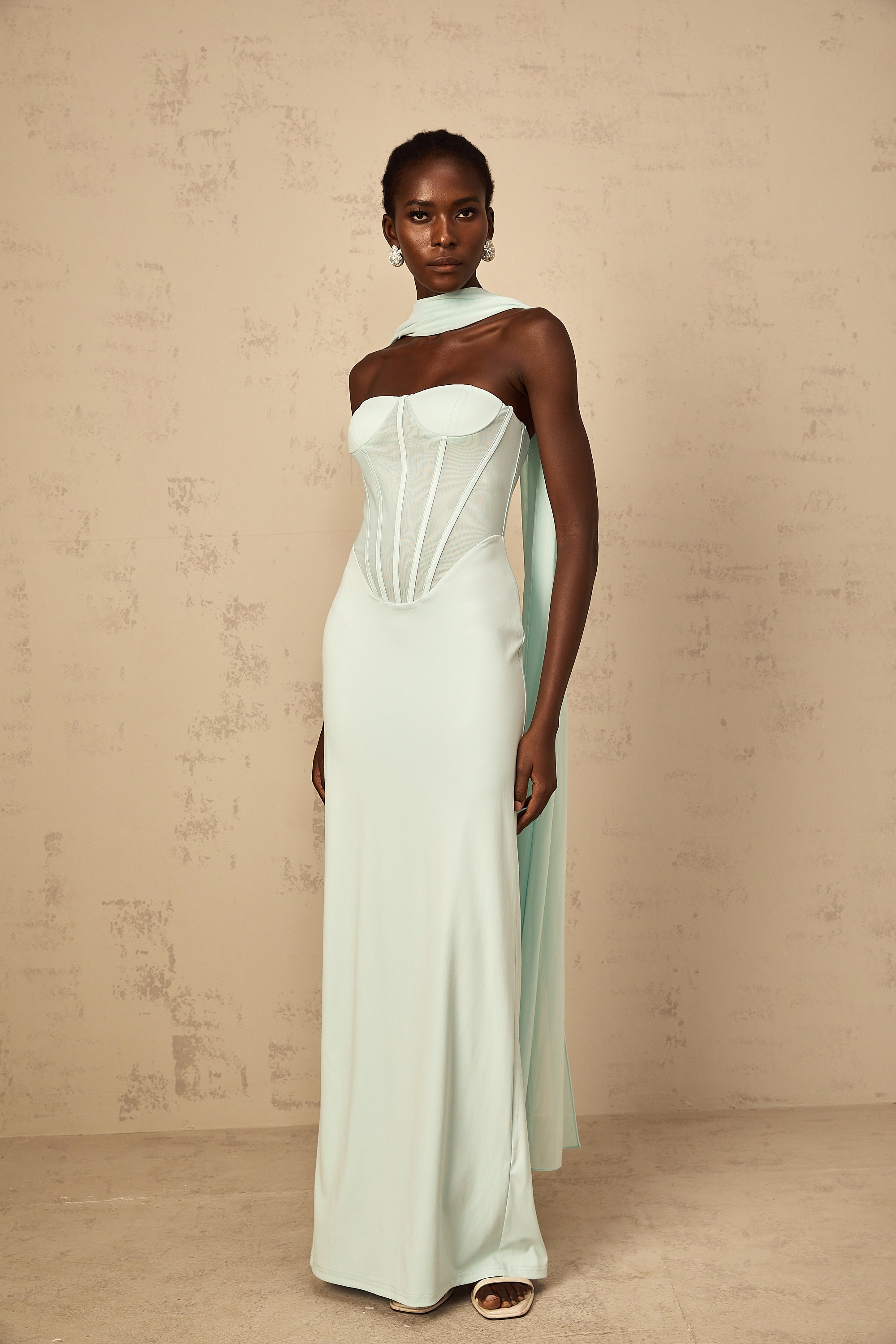 Béryl Tulle Panel Corset Maxi Dress in Mint Green