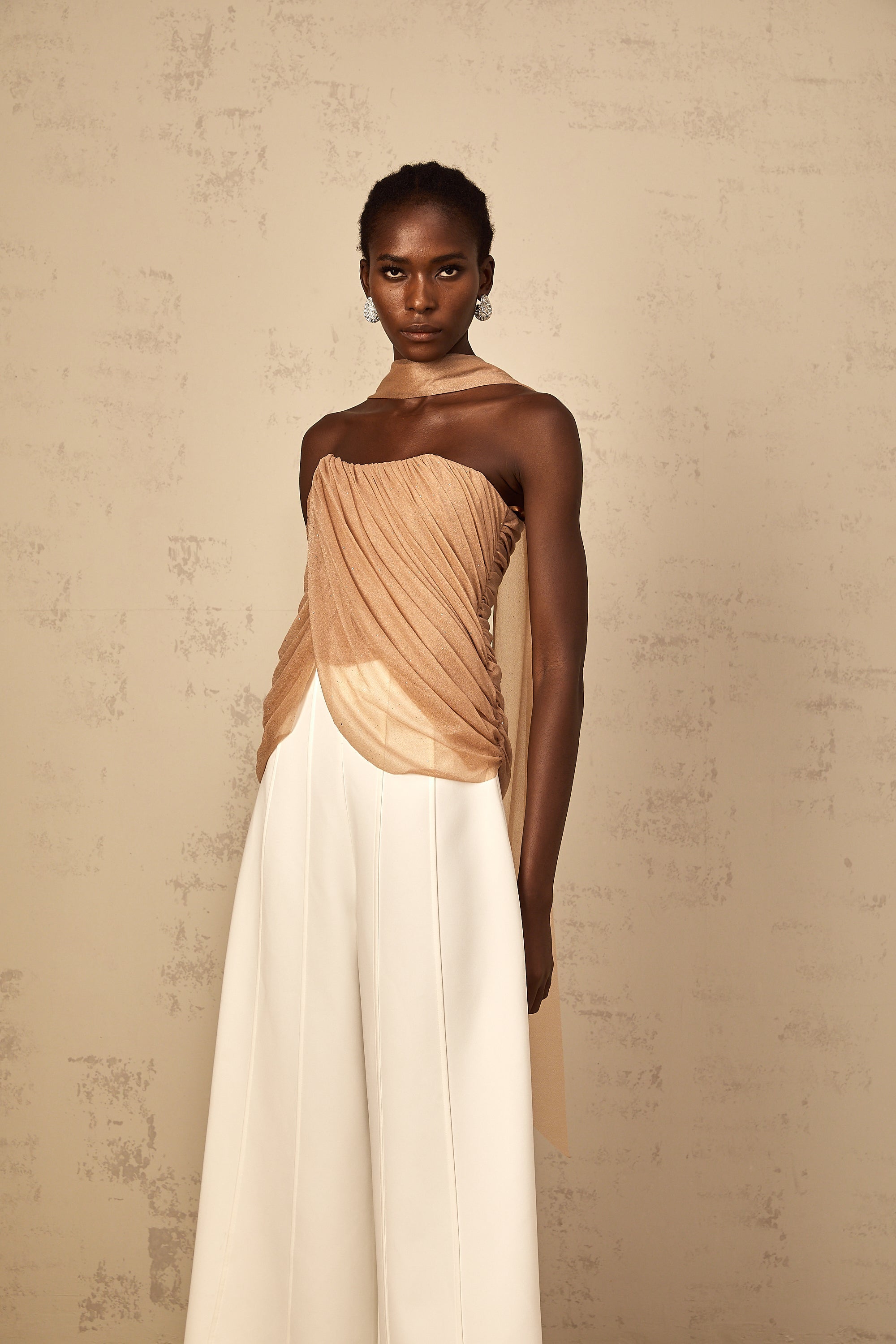 Bérénice brown sequined ruched tulle top