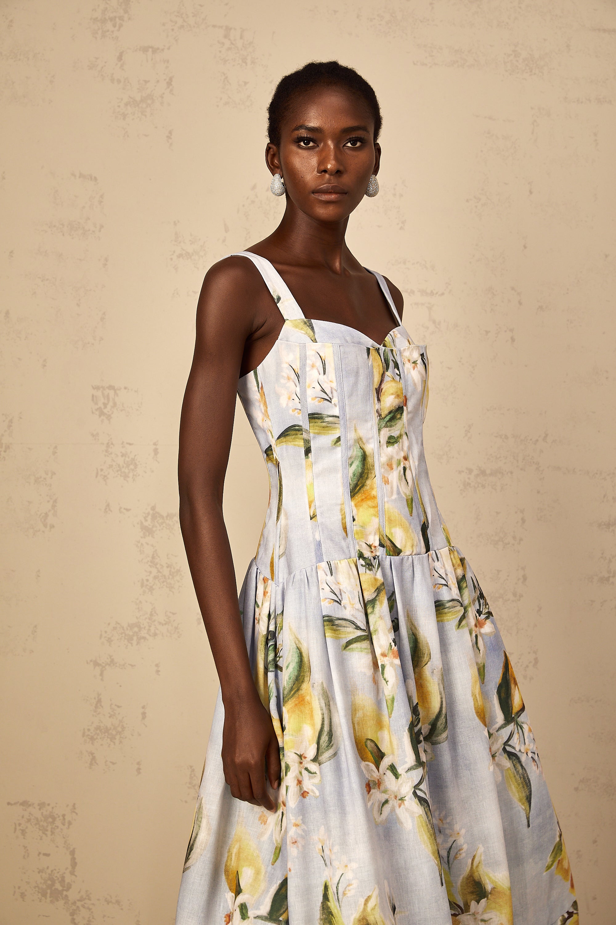 Esmée Blue Cottagecore Shirred Floral Midi Dress