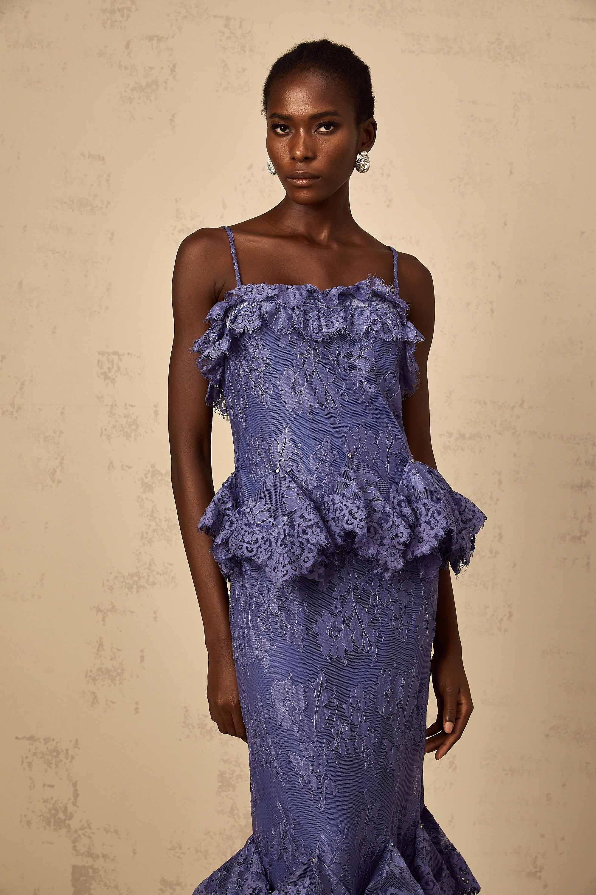 Héloïse Purple Floral Lace Ruffled Maxi Dress