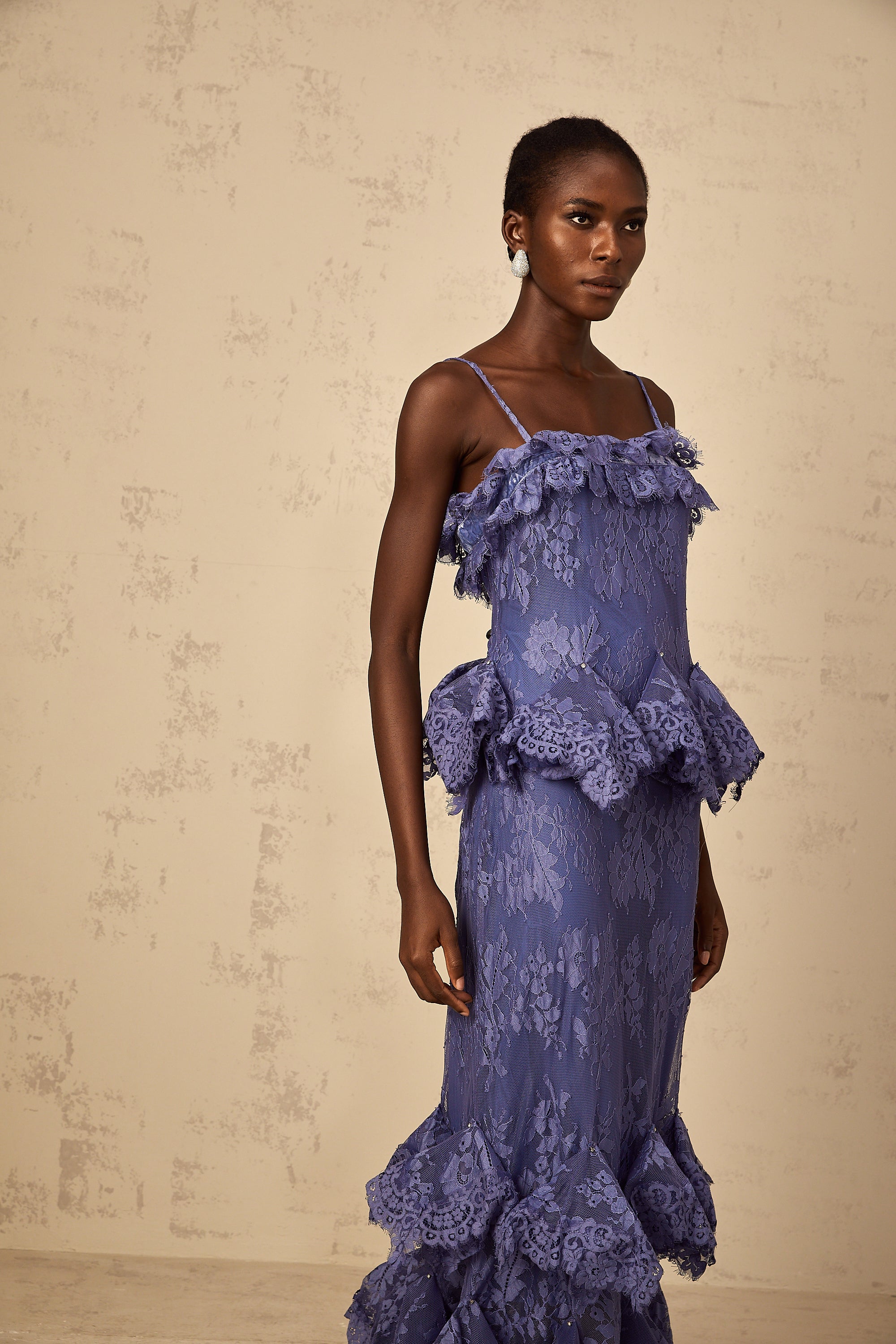 Héloïse Purple Floral Lace Ruffled Maxi Dress